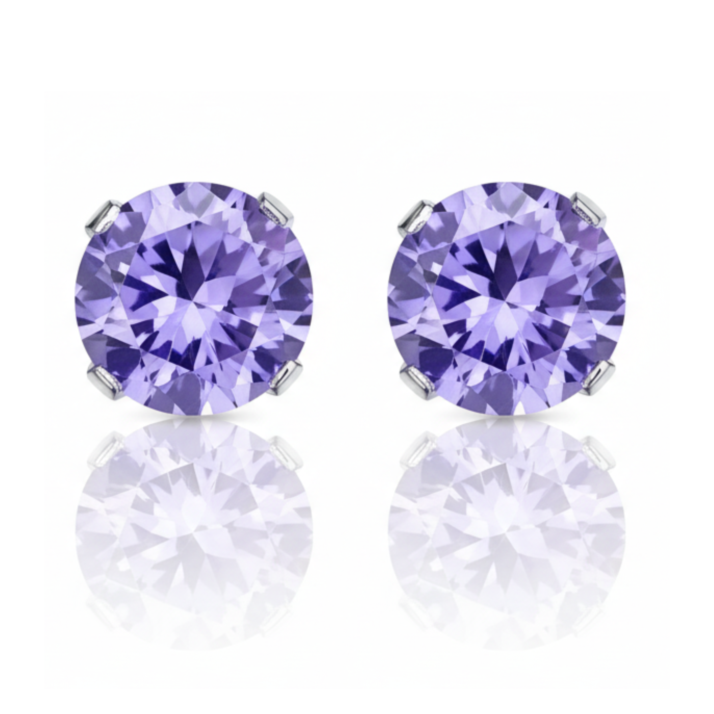 Earrings - Sterling Silver Rhodium Plated Lavender Cubic Zirconia Round Cut Studs (5mm)