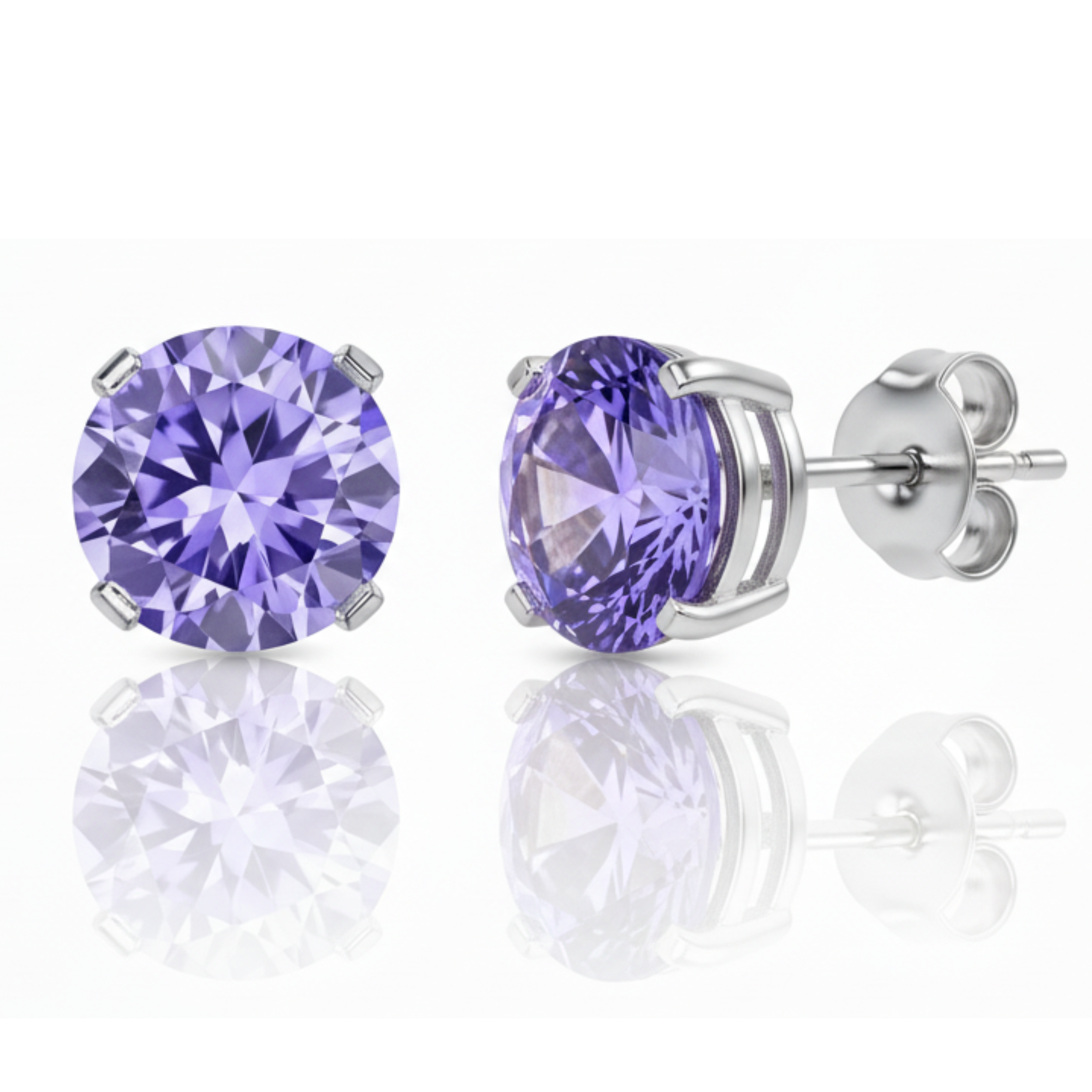 Earrings - Sterling Silver Rhodium Plated Lavender Cubic Zirconia Round Cut Studs (5mm)