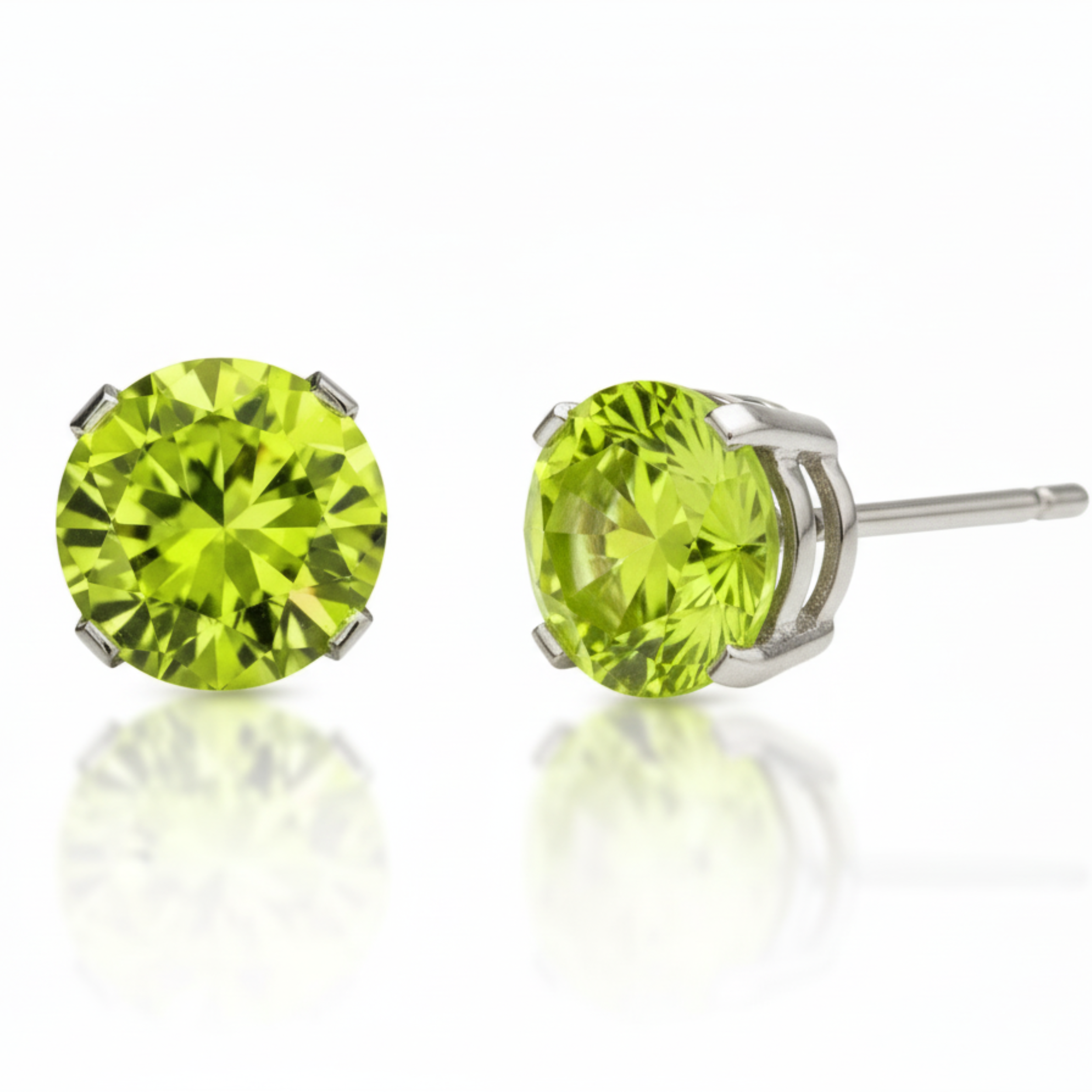 Earrings - Sterling Silver Rhodium Plated Peridot Cubic Zirconia Round Cut Studs (5mm)