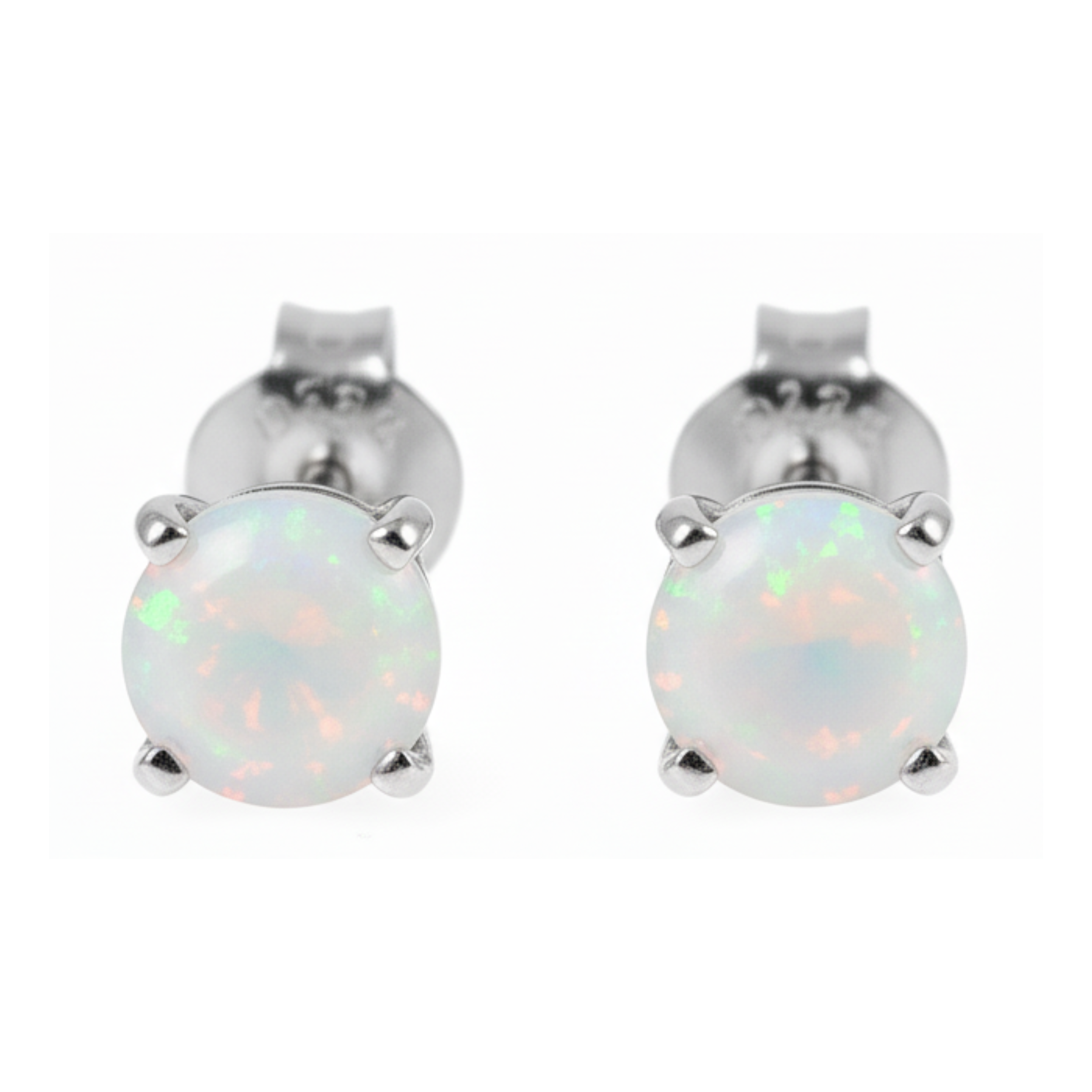 Earrings - Sterling Silver Rhodium Plated Lab Created White Opal Studs (6mm)