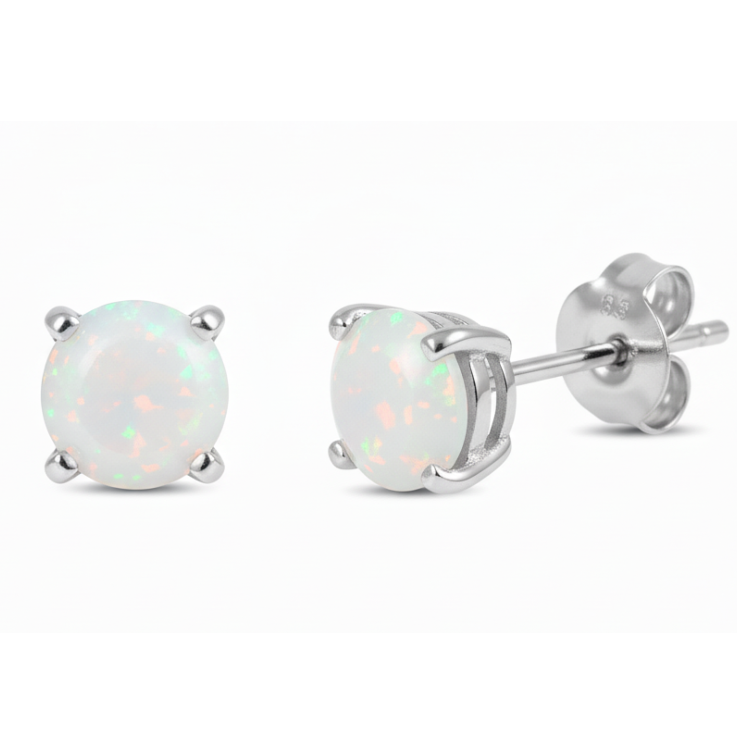 Earrings - Sterling Silver Rhodium Plated Lab Created White Opal Studs (6mm)