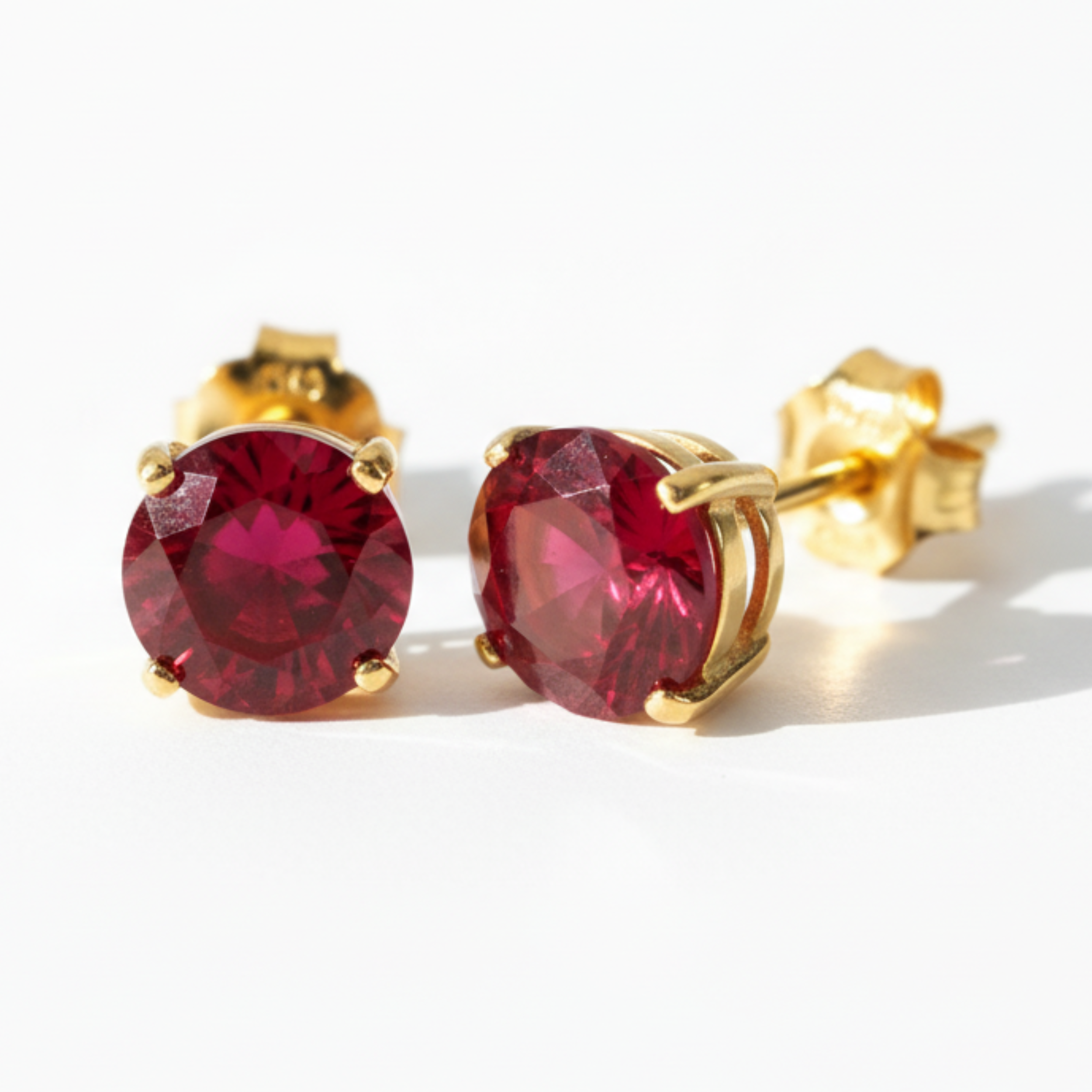 Earrings - Sterling Silver Gold Plated Ruby Cubic Zirconia Round Cut Studs (6mm)
