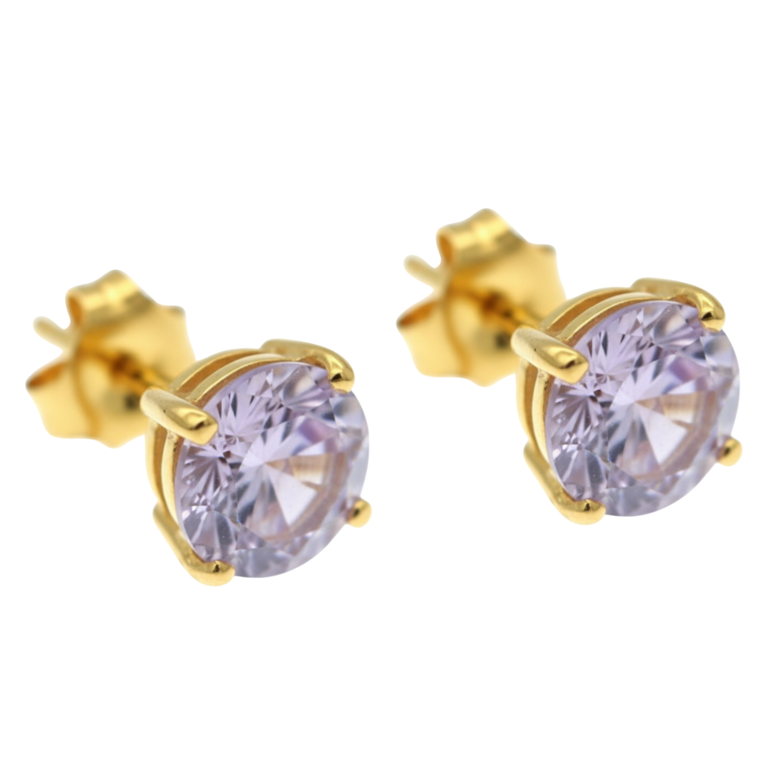 Earrings - Sterling Silver Gold Plated Lavender Cubic Zirconia Round Cut Studs (6mm)