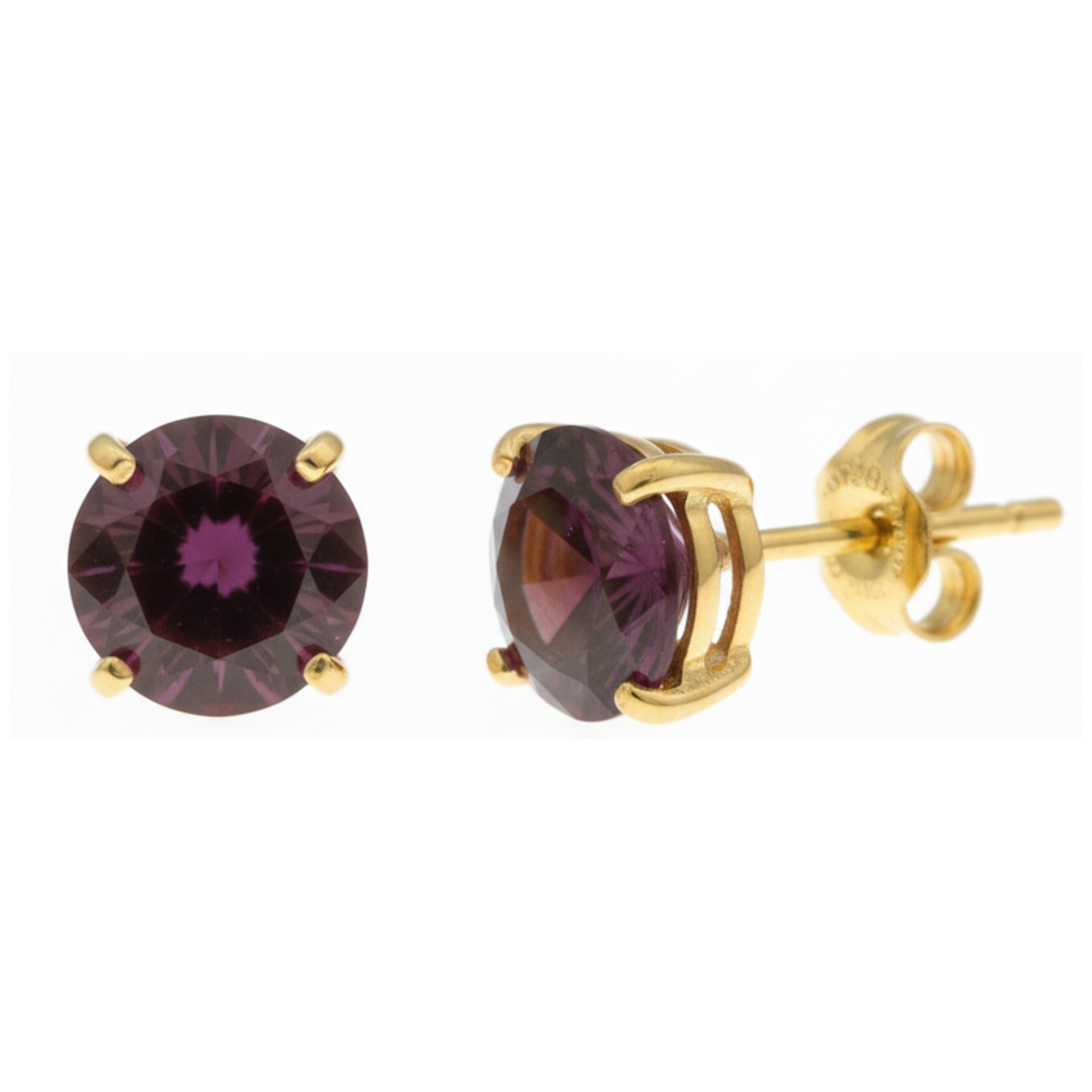 Earrings - Sterling Silver Gold Plated Garnet Cubic Zirconia Round Cut Studs (6mm)