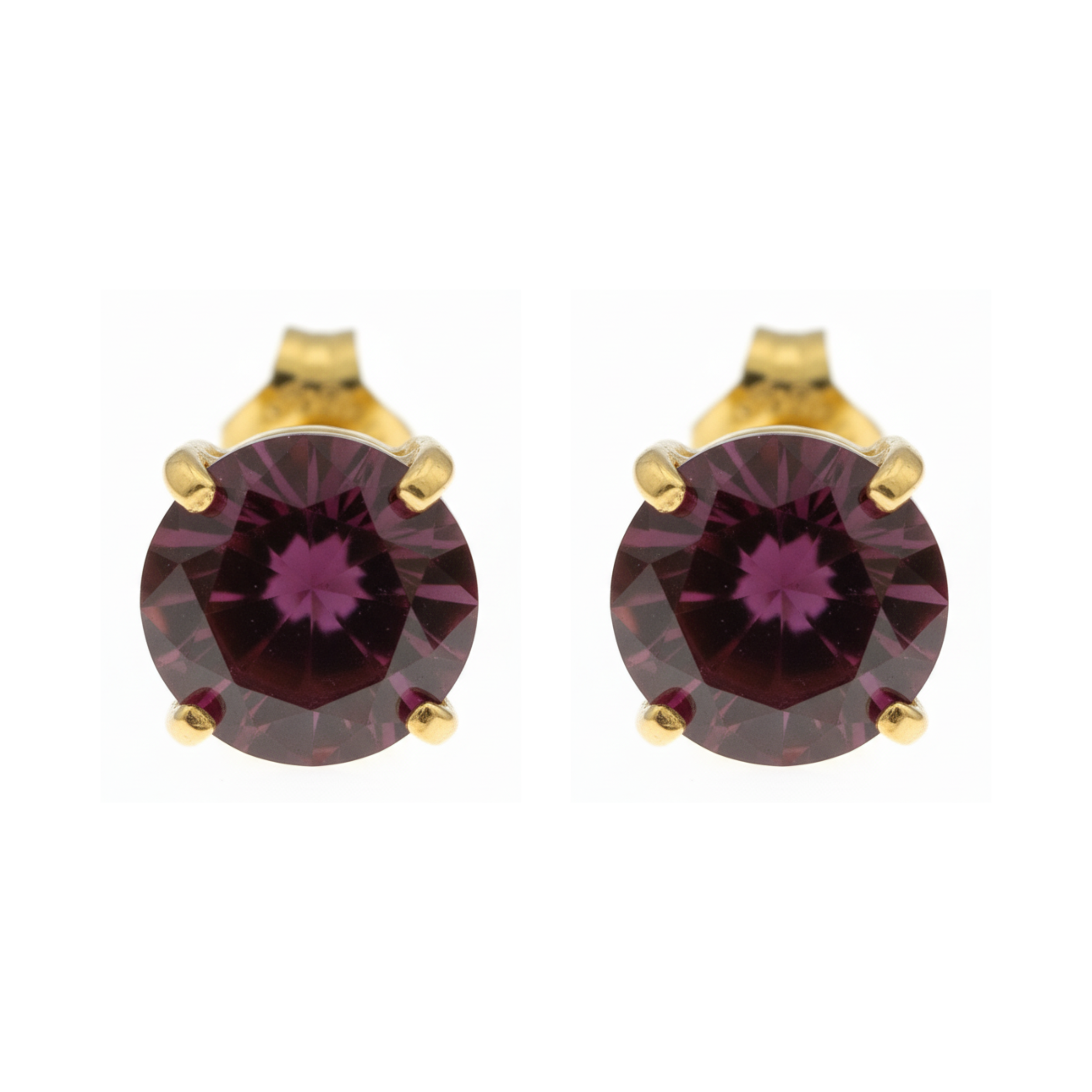 Earrings - Sterling Silver Gold Plated Garnet Cubic Zirconia Round Cut Studs (6mm)