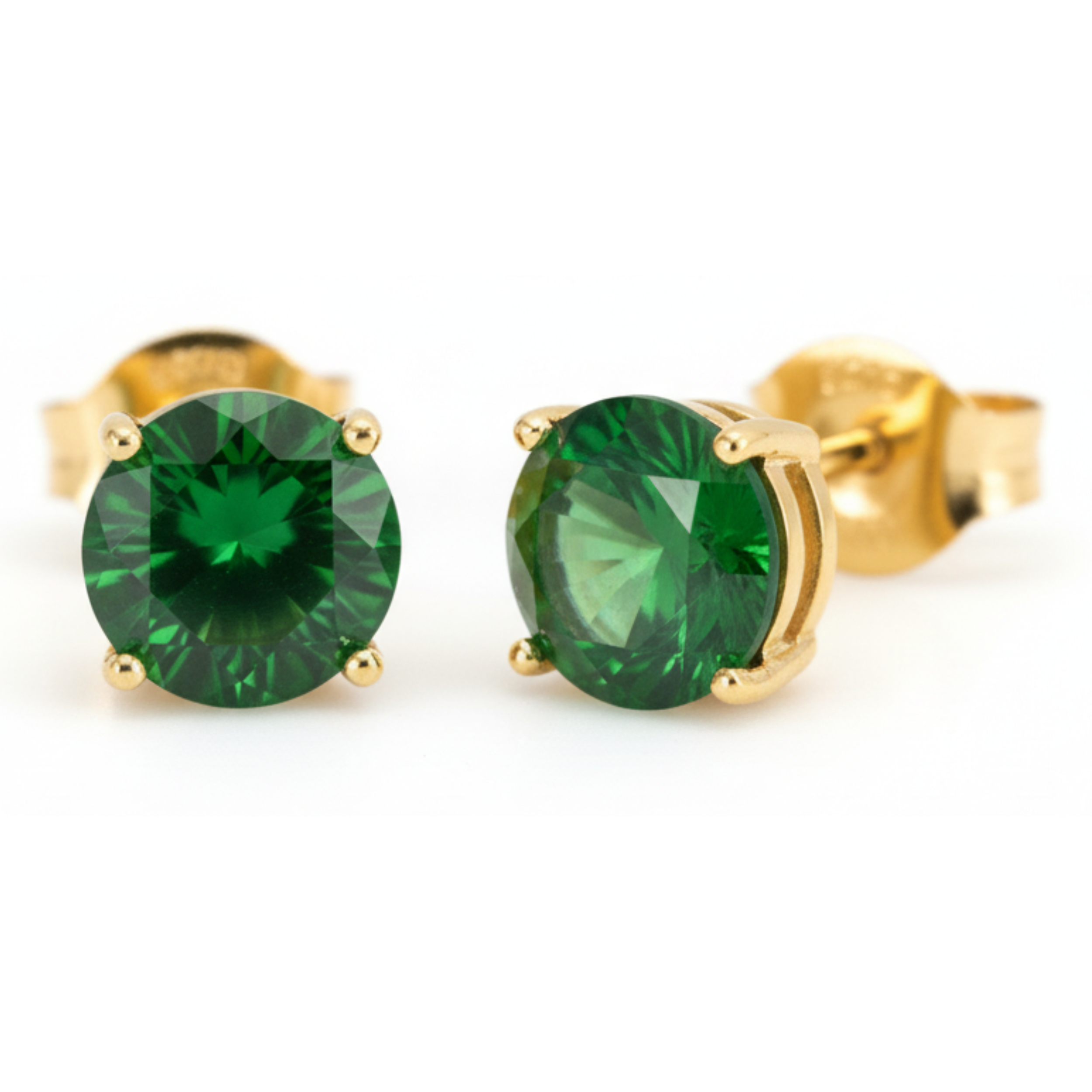 Earrings - Sterling Silver Gold Plated Emerald Cubic Zirconia Round Cut Studs (6mm)