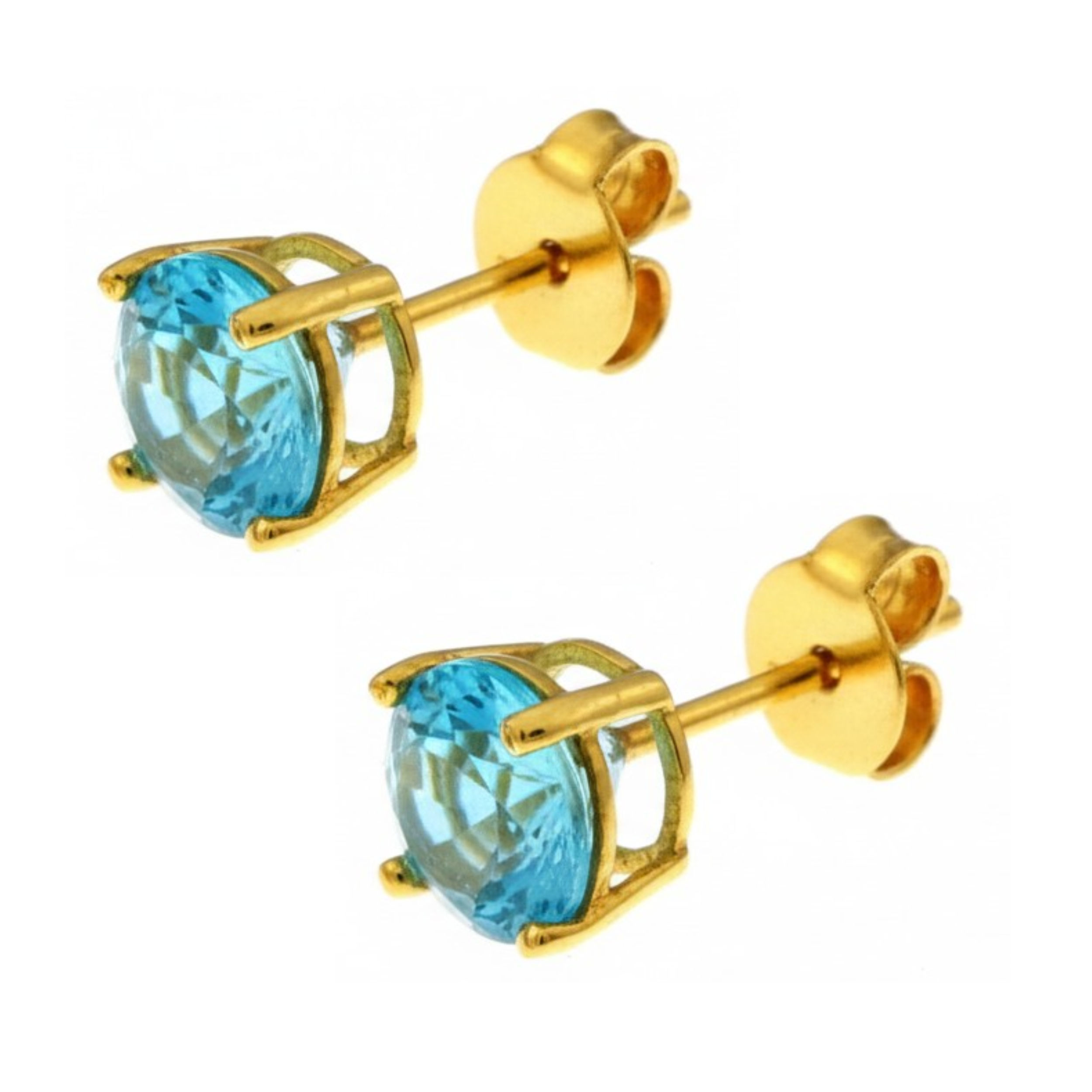 Earrings - Sterling Silver Gold Plated Blue Topaz Cubic Zirconia Round Cut Studs (6mm)
