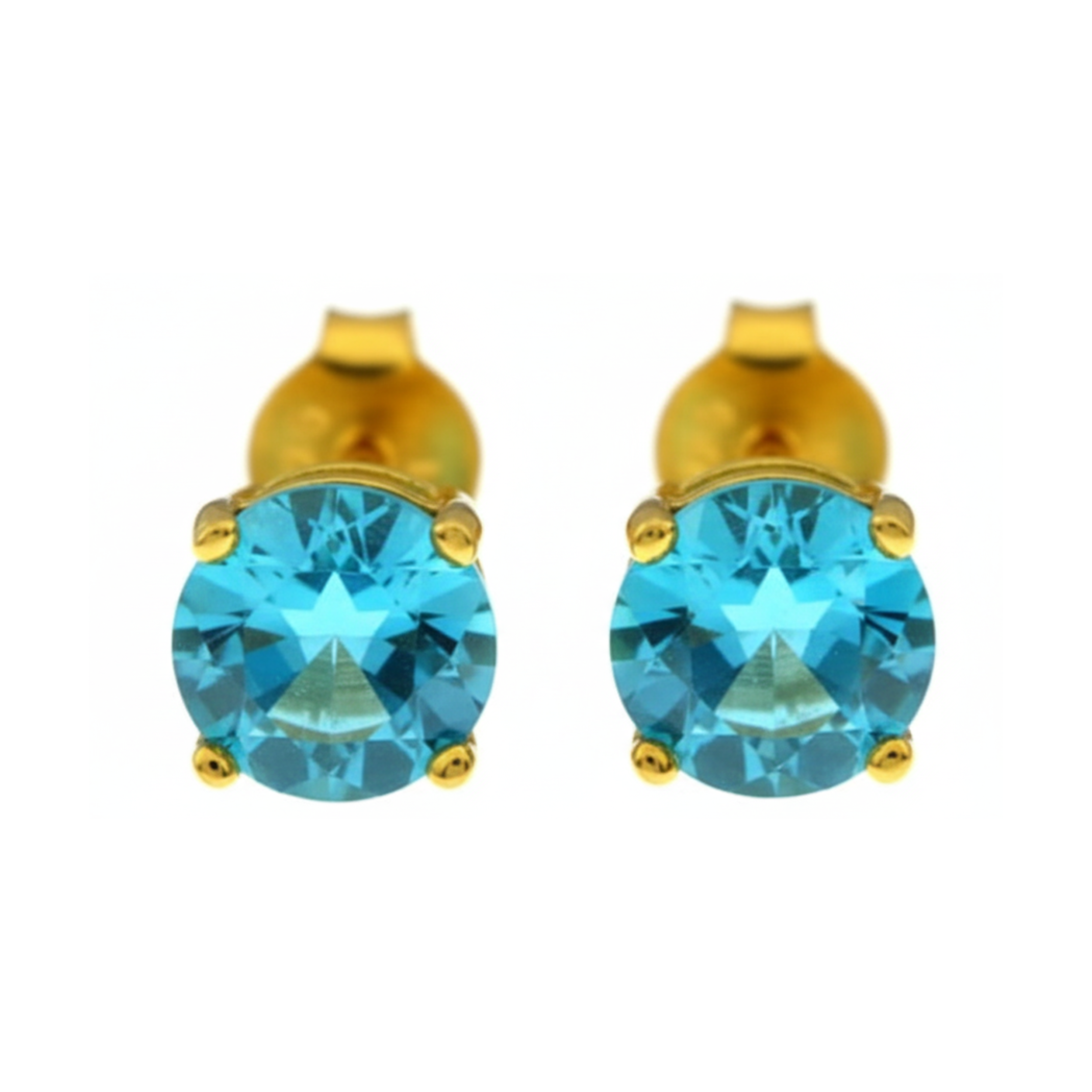 Earrings - Sterling Silver Gold Plated Blue Topaz Cubic Zirconia Round Cut Studs (6mm)