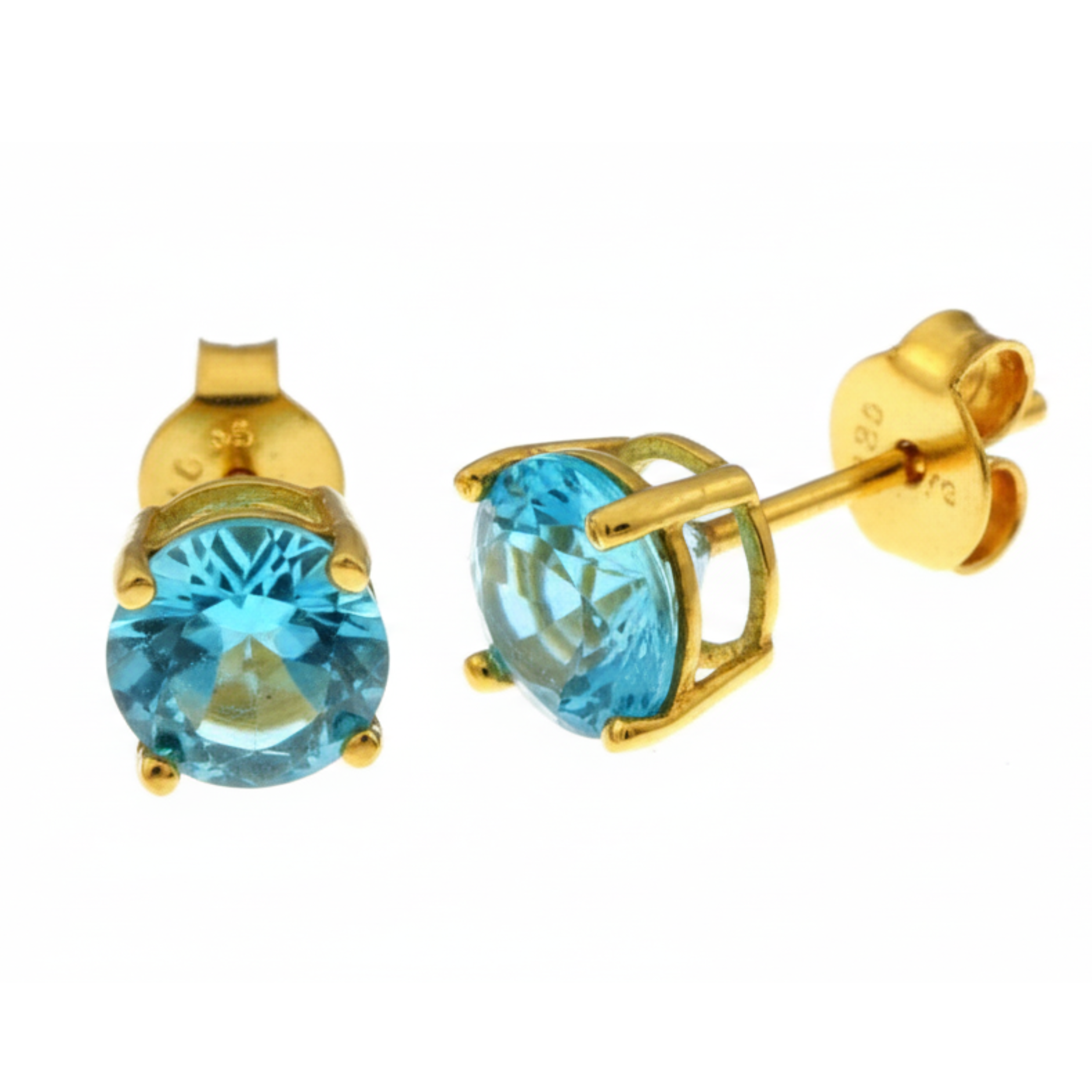 Earrings - Sterling Silver Gold Plated Blue Topaz Cubic Zirconia Round Cut Studs (6mm)