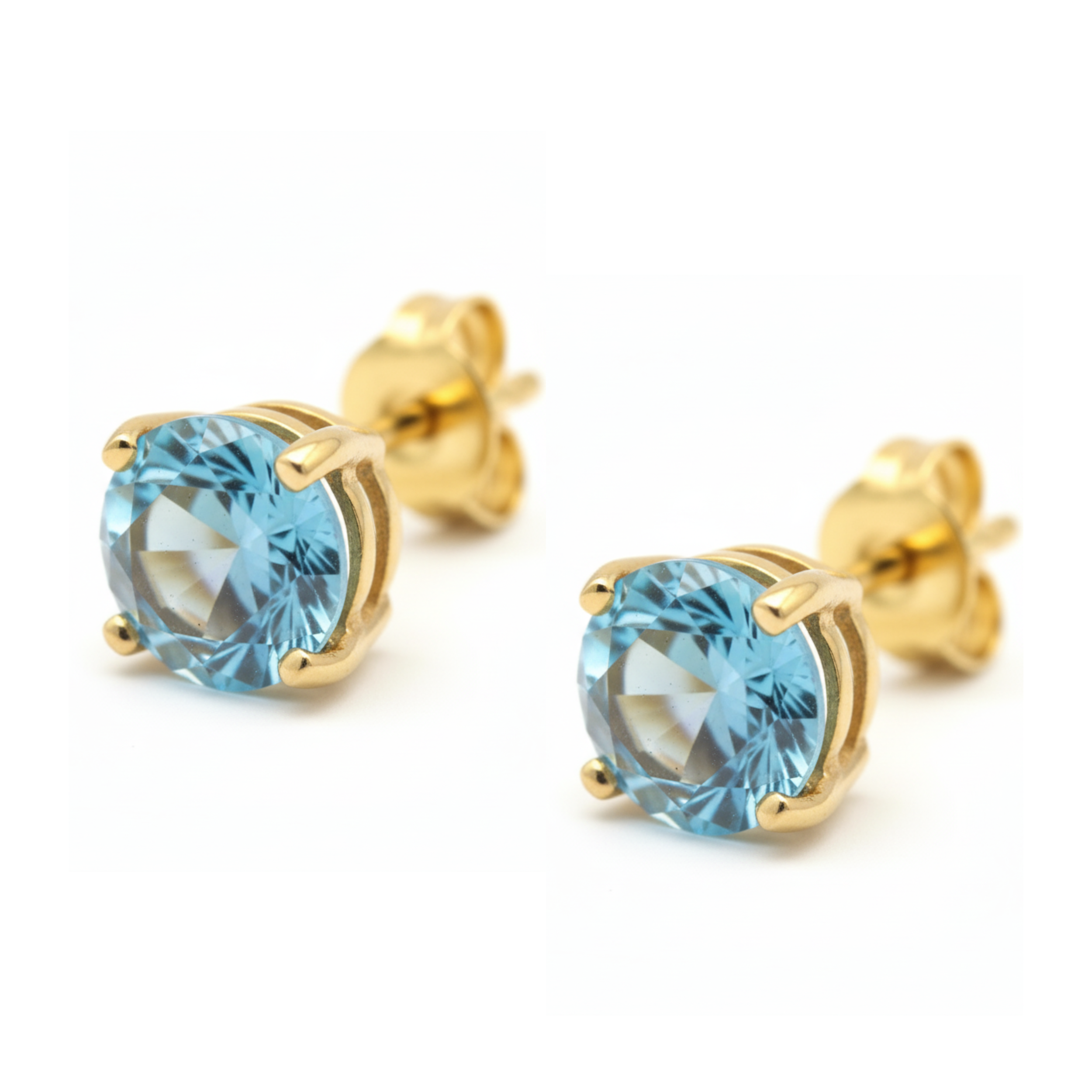 Earrings - Sterling Silver Gold Plated Aquamarine Cubic Zirconia Round Cut Studs (6mm)