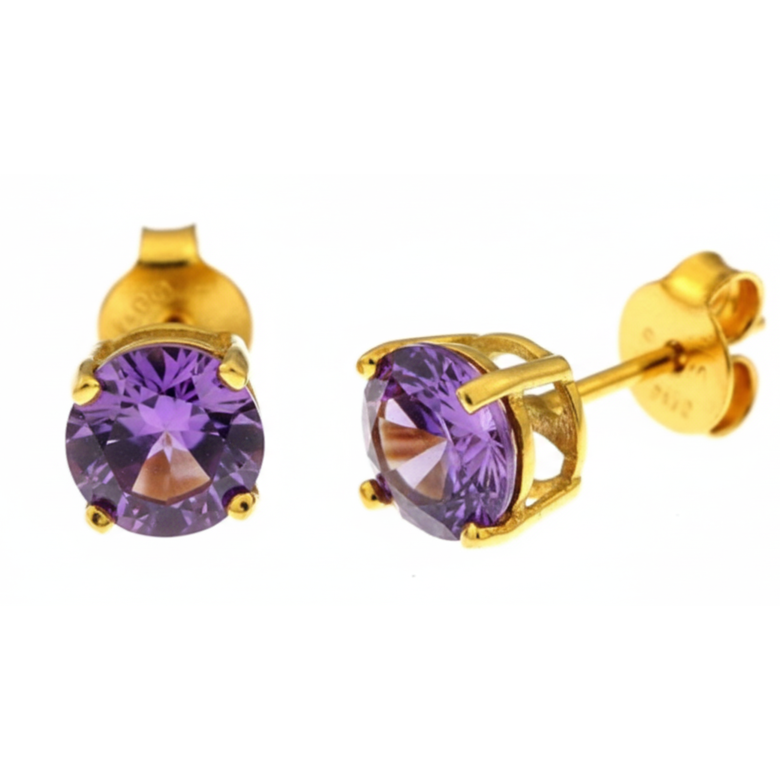 Earrings - Sterling Silver Gold Plated Amethyst Cubic Zirconia Round Cut Studs (6mm)