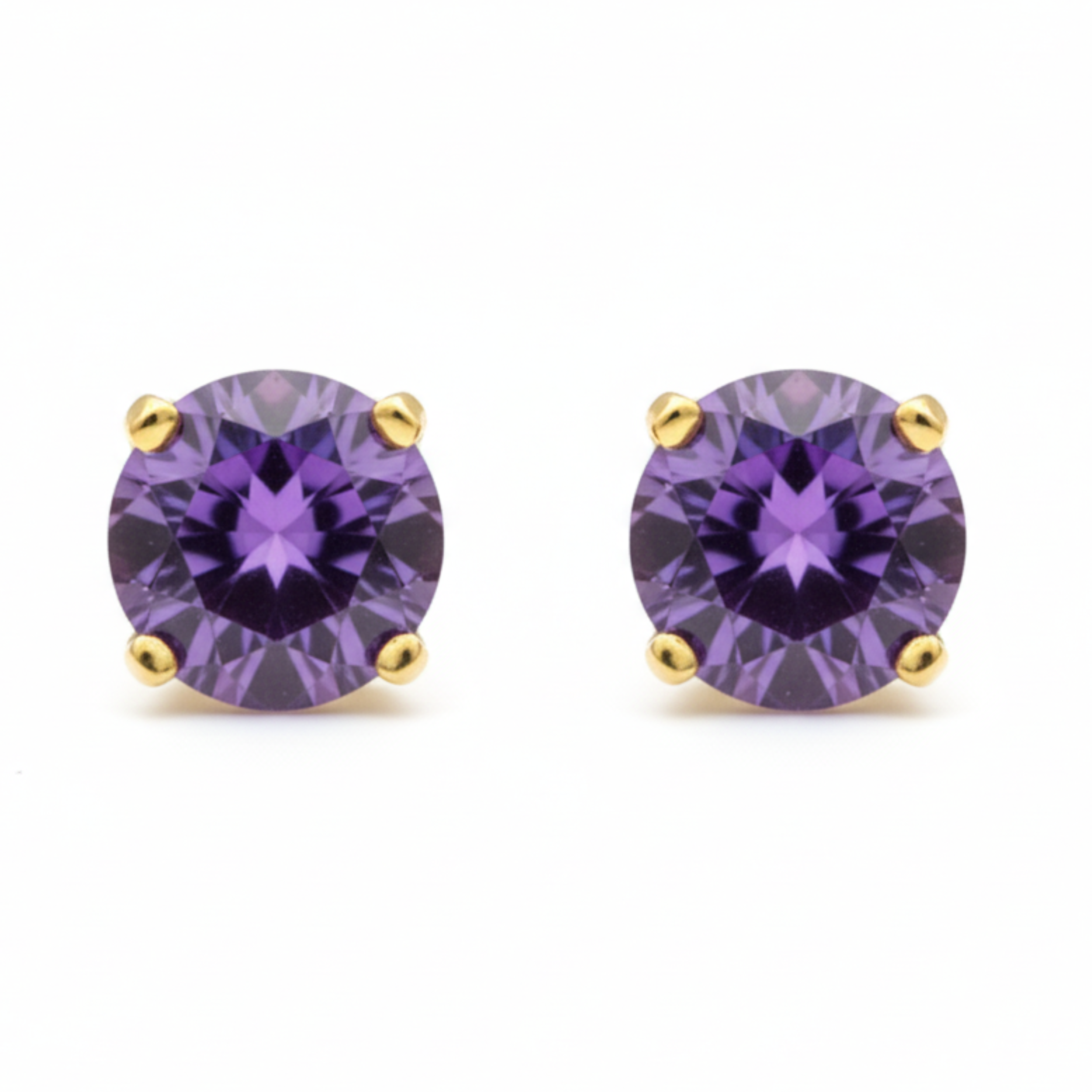 Earrings - Sterling Silver Gold Plated Amethyst Cubic Zirconia Round Cut Studs (6mm)