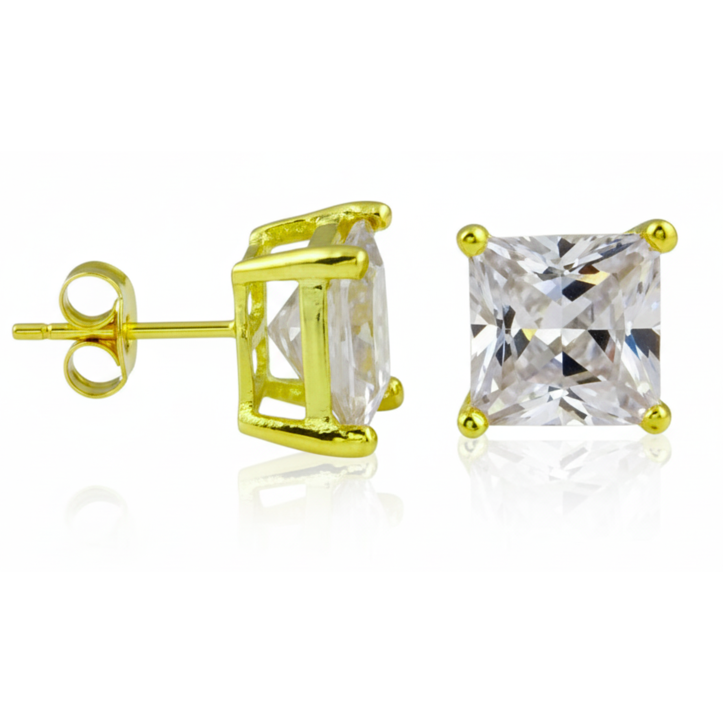 Earrings - Sterling Silver Gold Plated Clear Cubic Zirconia Princess Cut Studs (5mm)