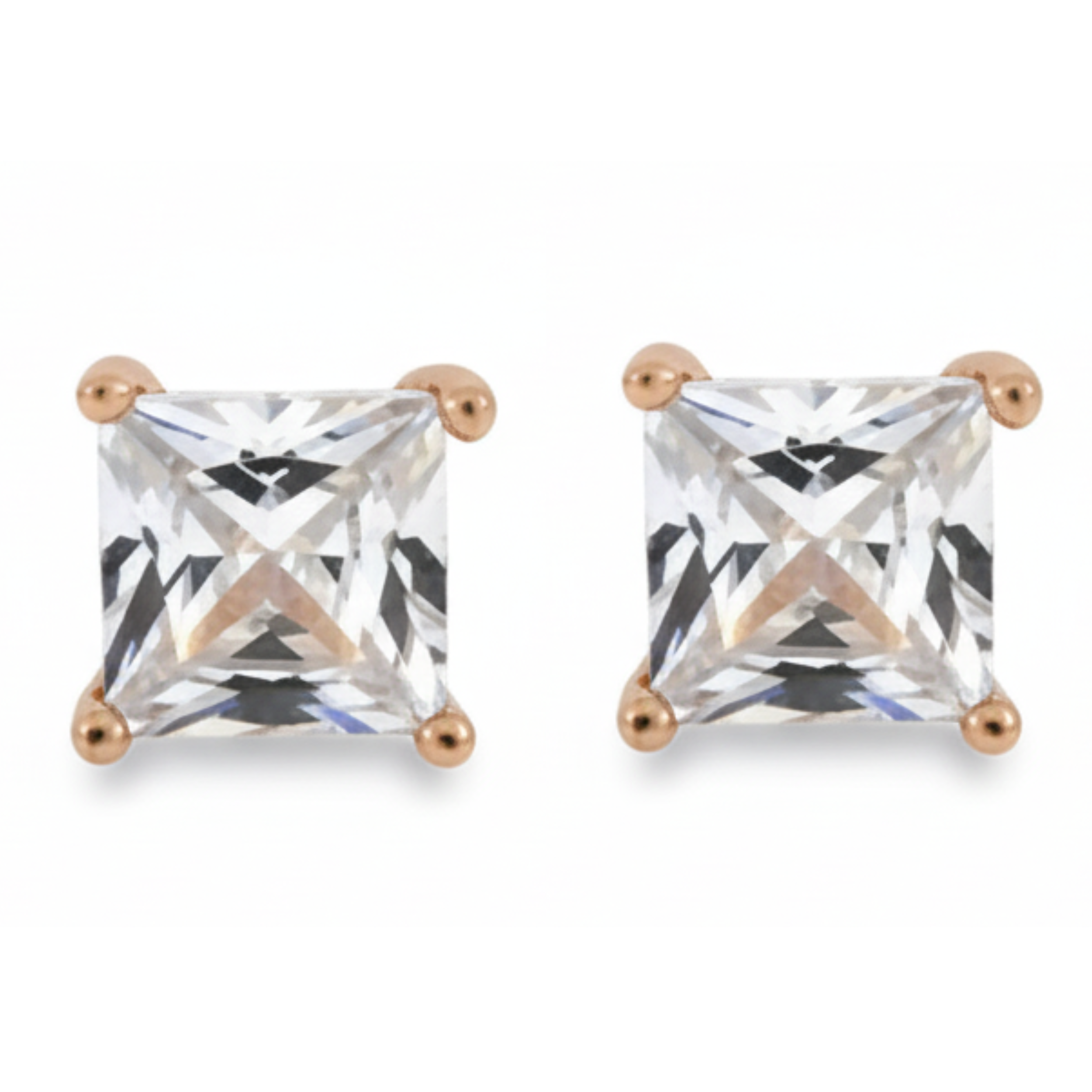 Earrings - 925 Sterling Silver Rose Gold Plated Clear Cubic Zirconia Princess Cut Studs (5mm)