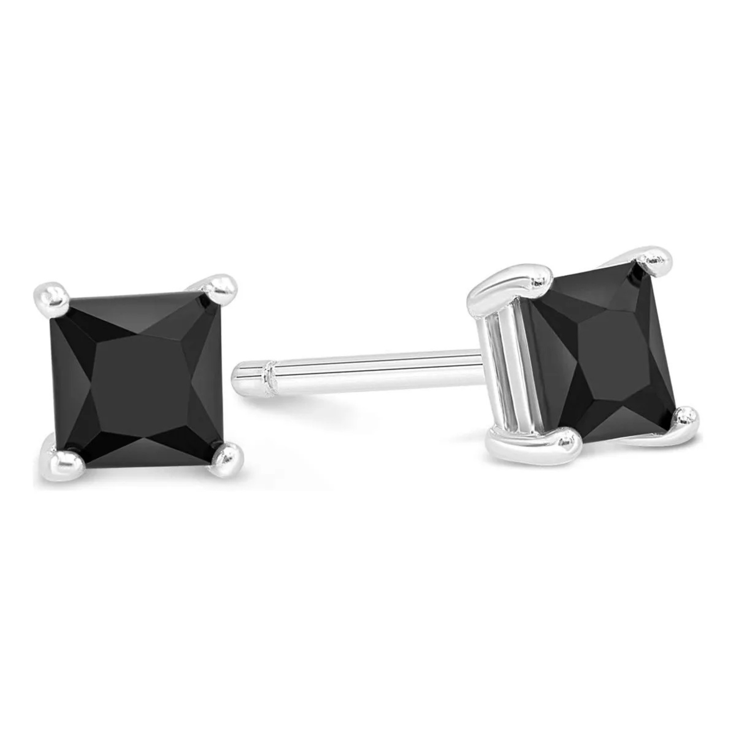 Earrings - Sterling Silver Black Cubic Zirconia Princess Cut Studs (5mm)