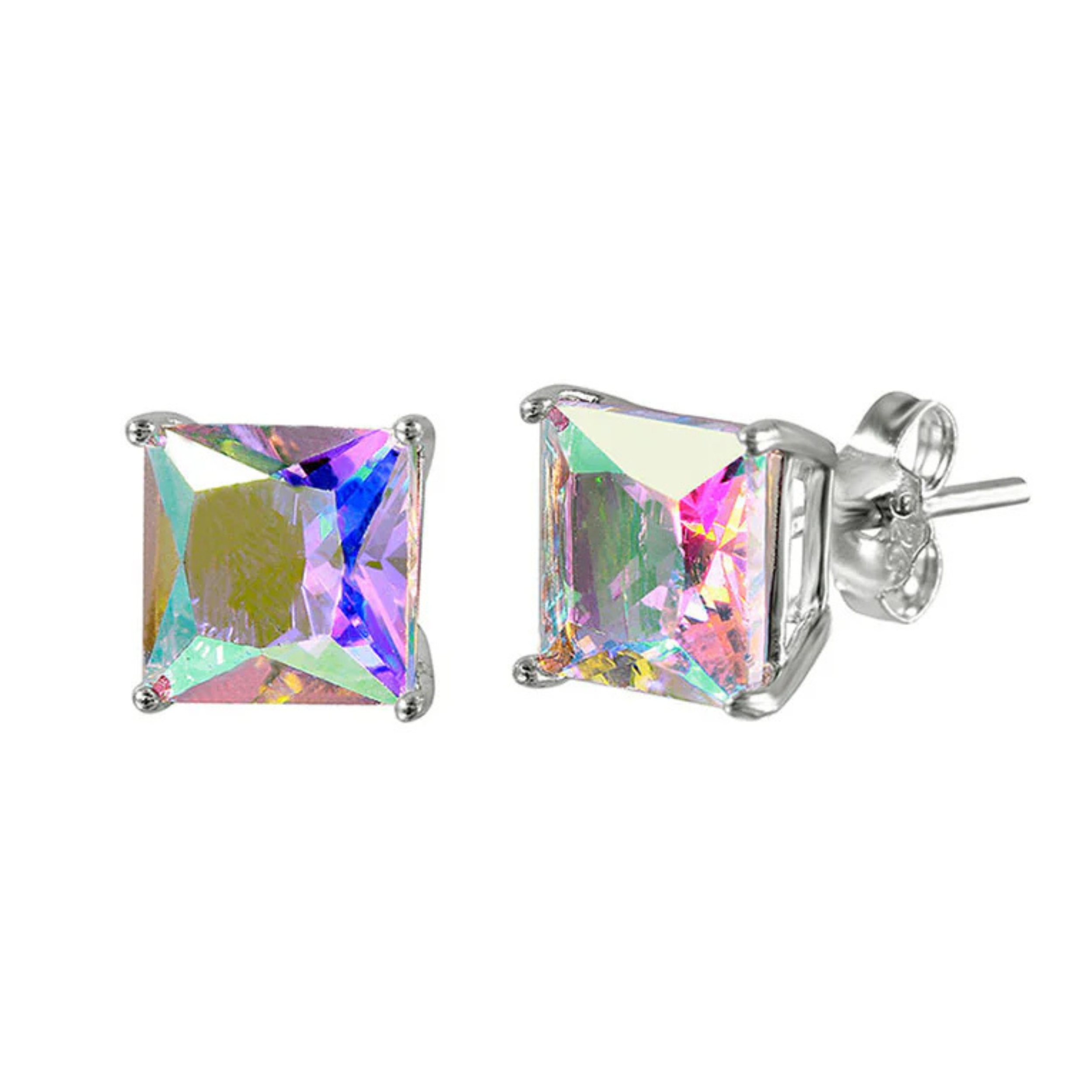 Earrings - 925 Sterling Silver Rhodium Plated Mystic Rainbow Cubic Zirconia Princess Cut Studs (5mm)