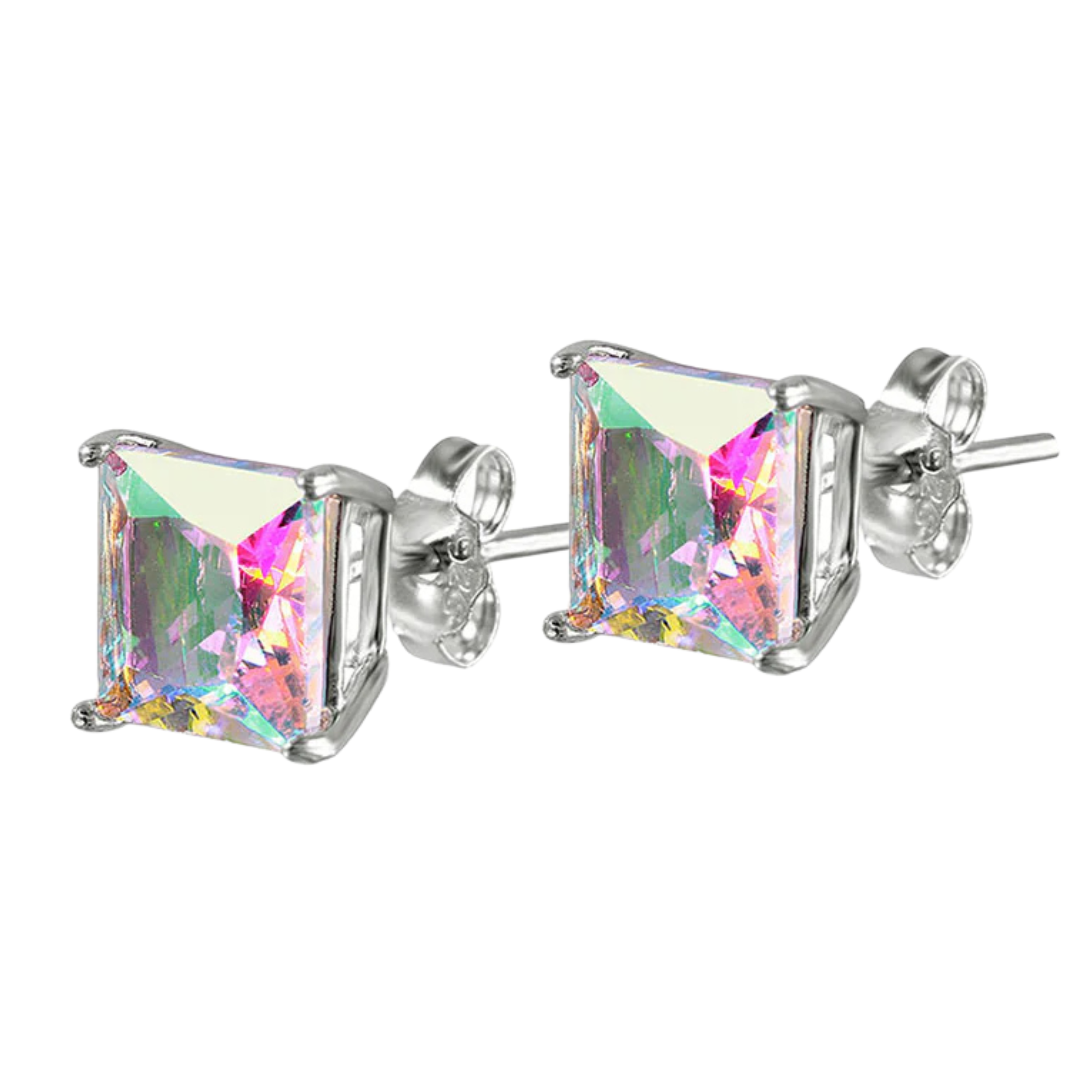 Earrings - 925 Sterling Silver Rhodium Plated Mystic Rainbow Cubic Zirconia Princess Cut Studs (5mm)
