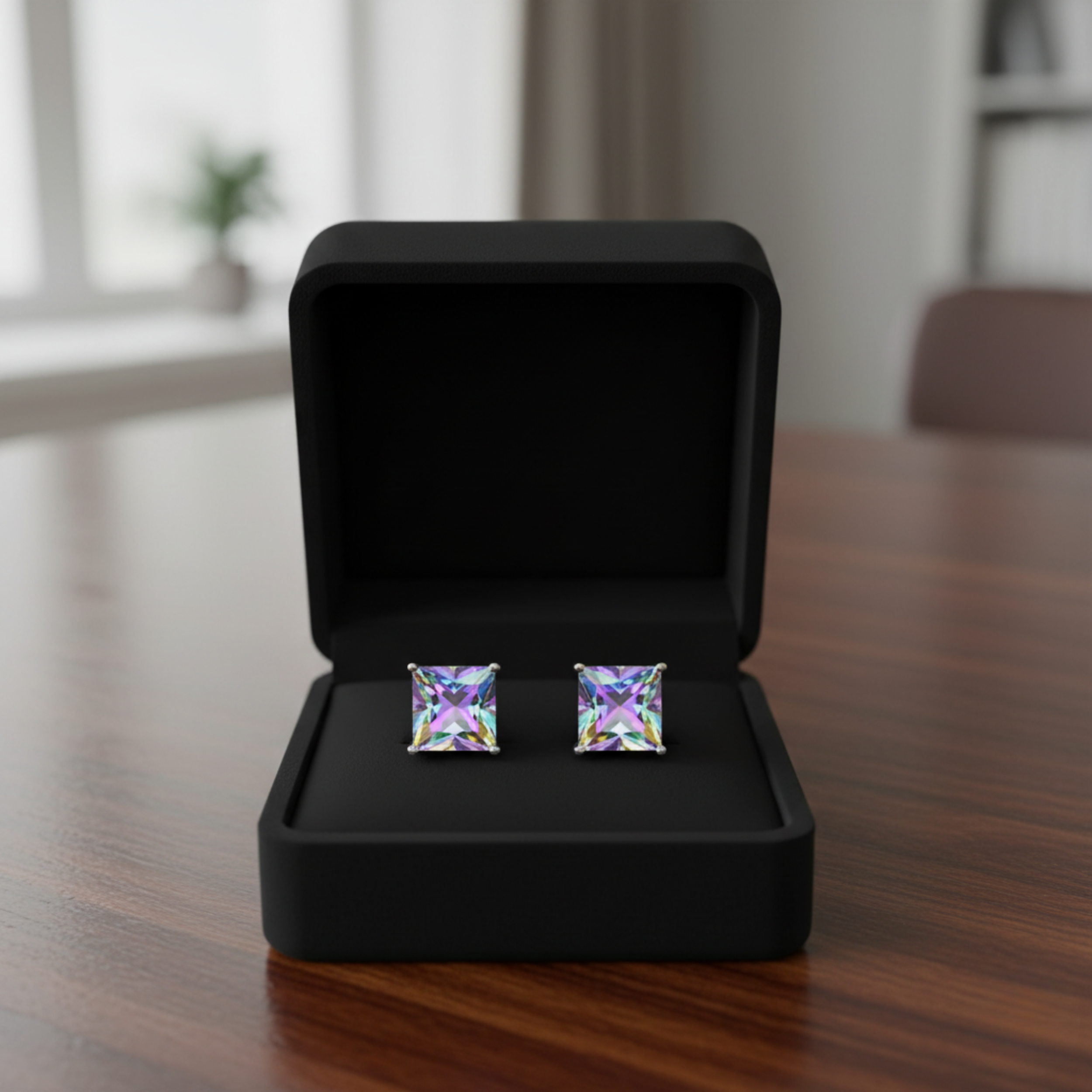 Earrings - 925 Sterling Silver Rhodium Plated Mystic Rainbow Cubic Zirconia Princess Cut Studs (5mm)