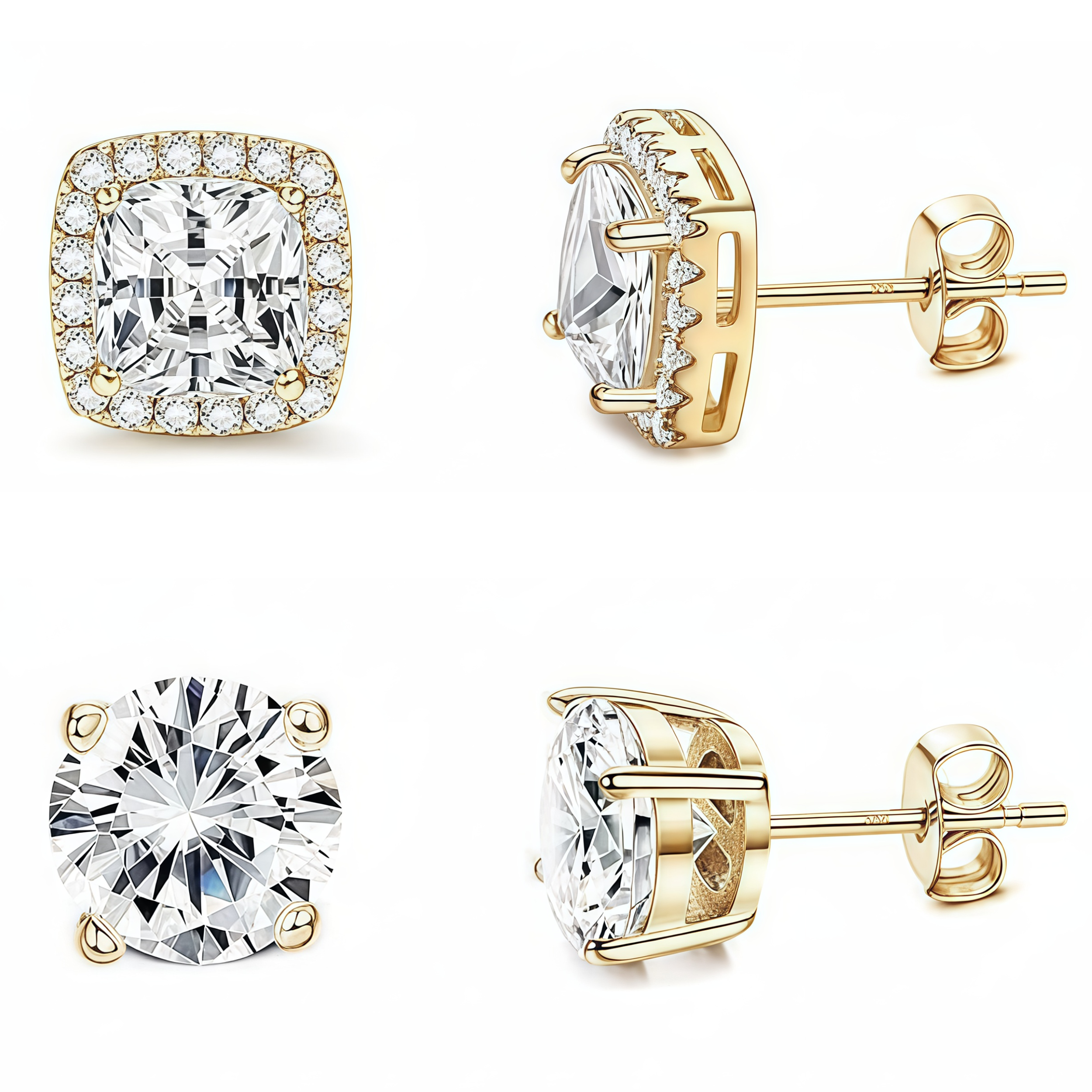 2 Pair Set - 925 Sterling Silver Post Stud Earrings18K Gold Plated Clear CZ Round Solitaire & Square Halo (8mm/7mm)