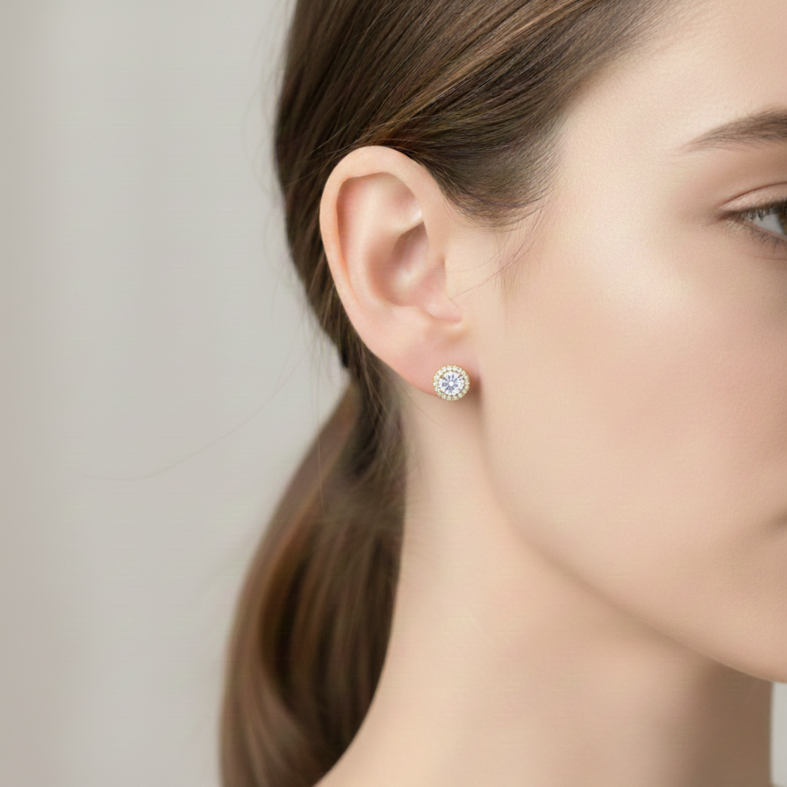 2 Pair Set - 925 Sterling Silver Post Stud Earrings 18K Gold Plated Clear CZ Round Halo & Princess Cut (8.5mm/7mm)