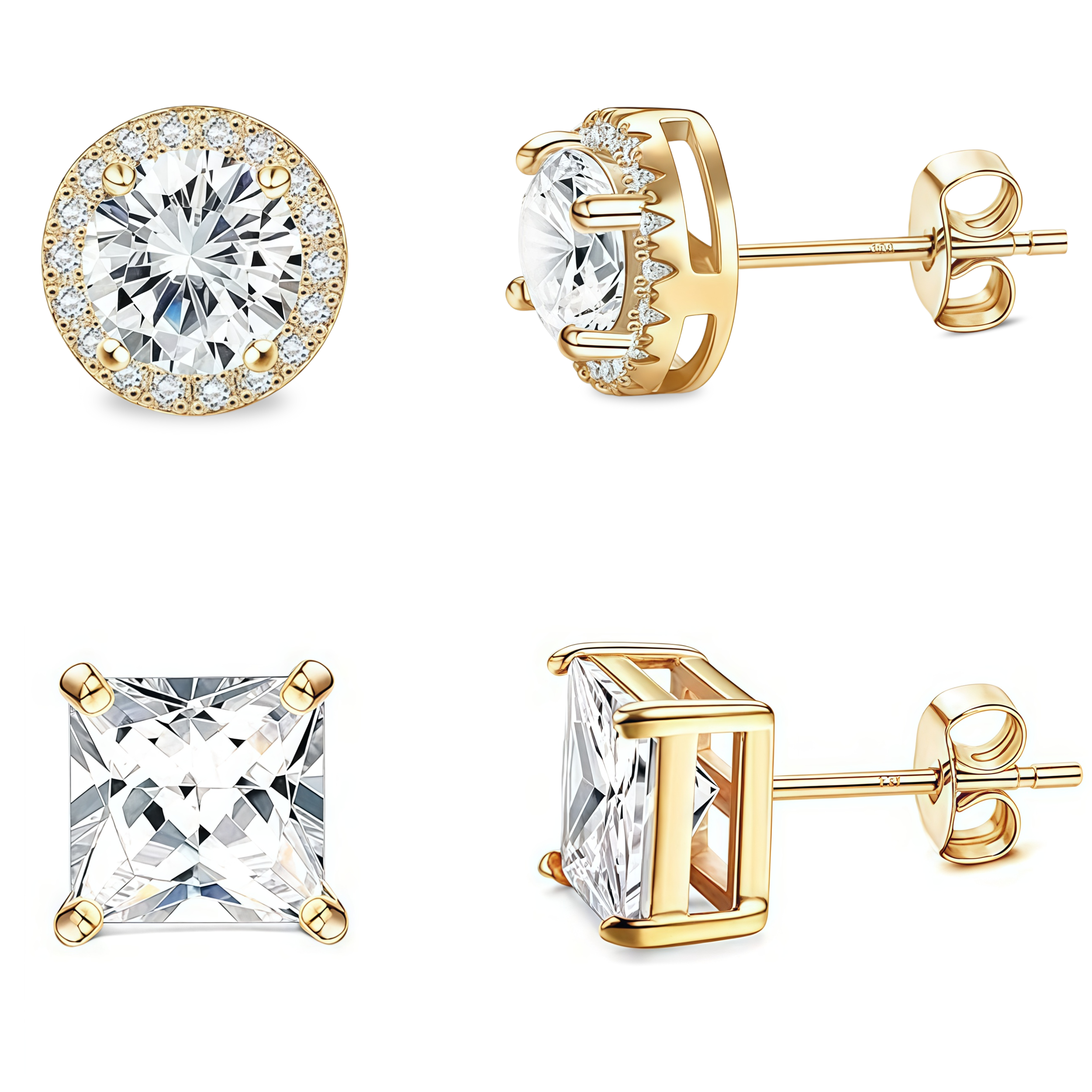 2 Pair Set - 925 Sterling Silver Post Stud Earrings 18K Gold Plated Clear CZ Round Halo & Princess Cut (8.5mm/7mm)