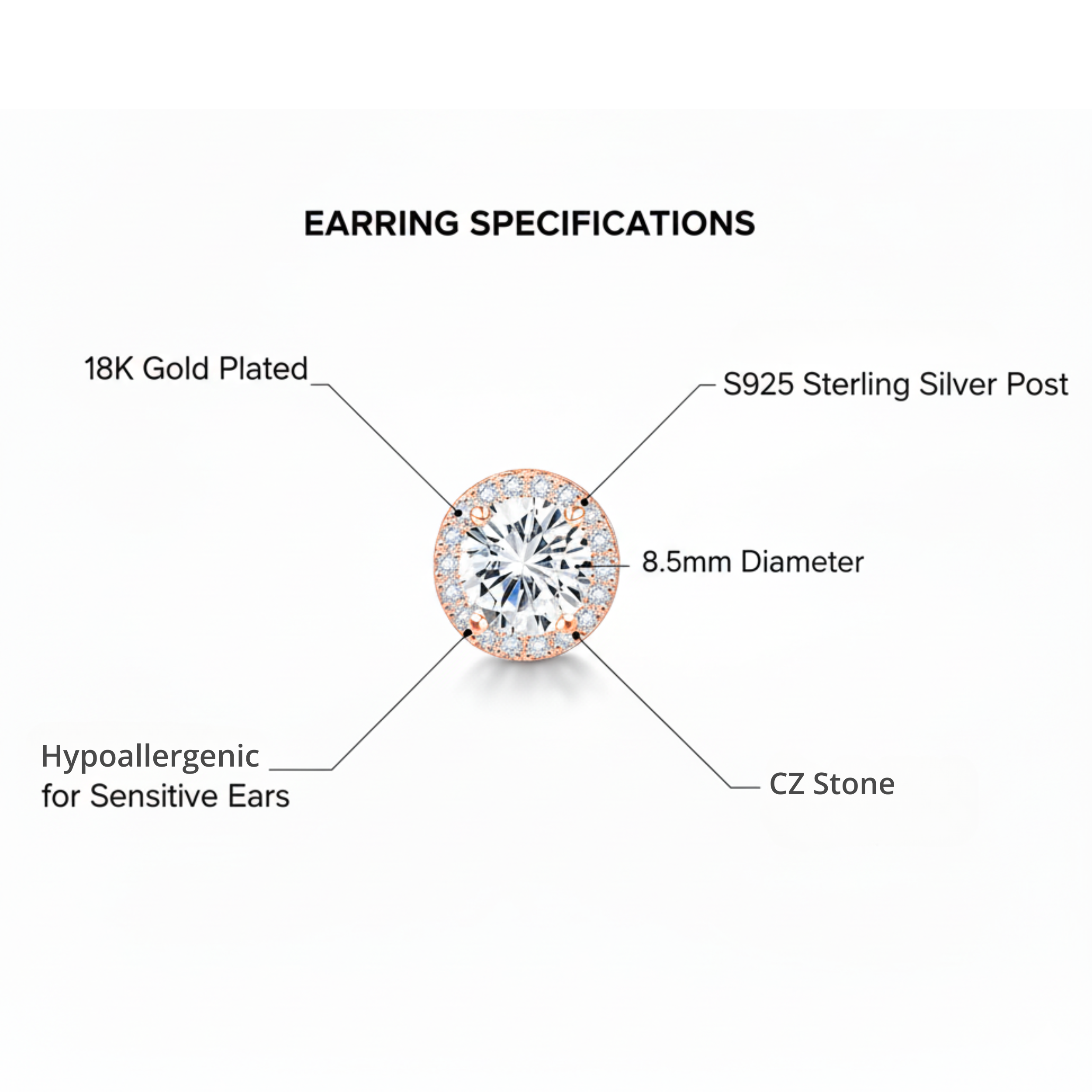 925 Sterling Silver Post Stud Earrings 18K Rose Gold Plated Clear CZ Round Halo Cut (8.5mm)