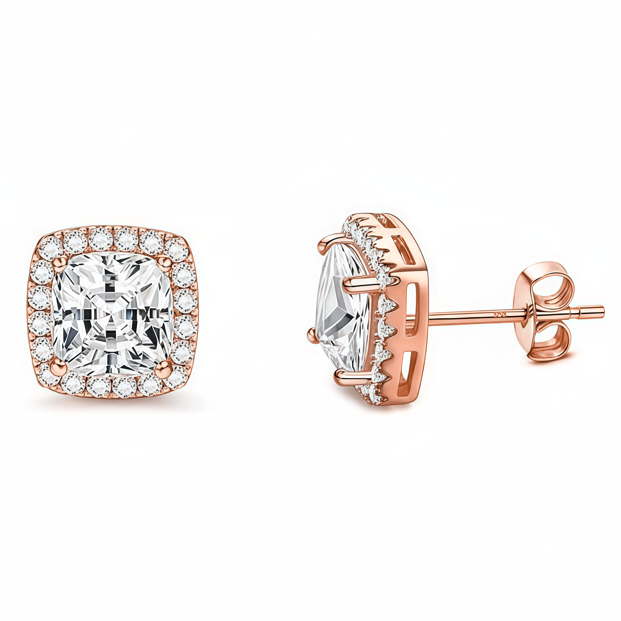 925 Sterling Silver Post Stud Earrings 18K Rose Gold Plated Clear CZ Square Halo Cut (8mm)