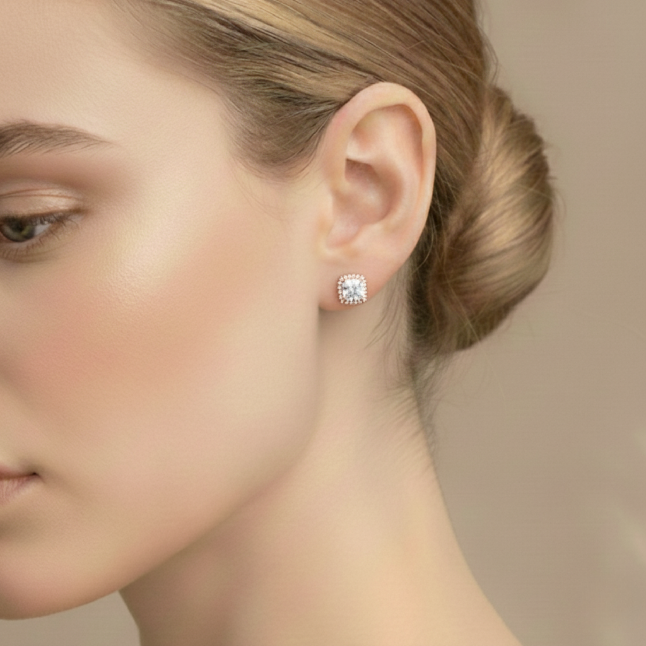 925 Sterling Silver Post Stud Earrings 18K Rose Gold Plated Clear CZ Square Halo Cut (8mm)