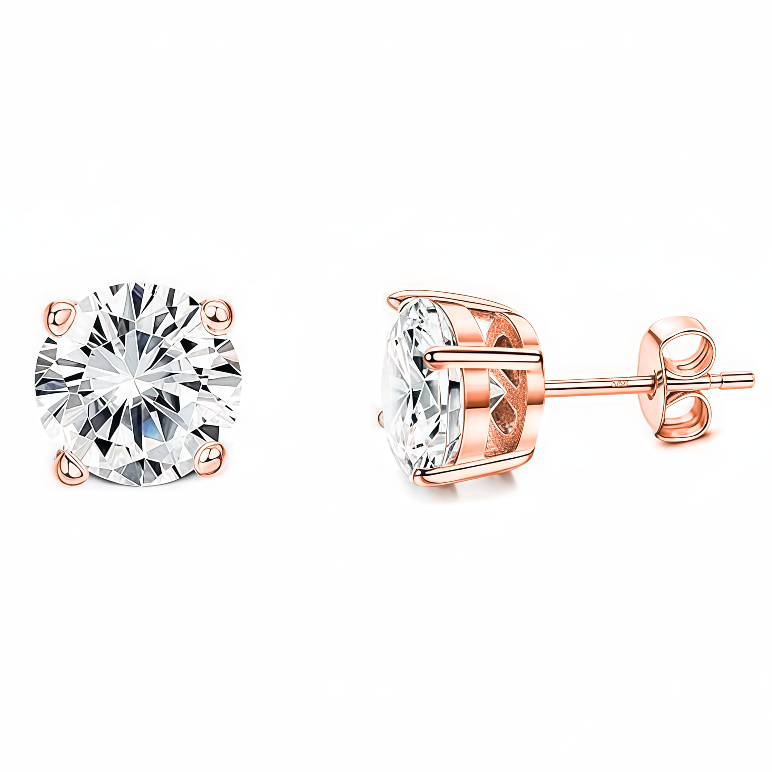 925 Sterling Silver Post Stud Earrings 18K Rose Gold Plated Clear CZ Round Solitaire (7mm)