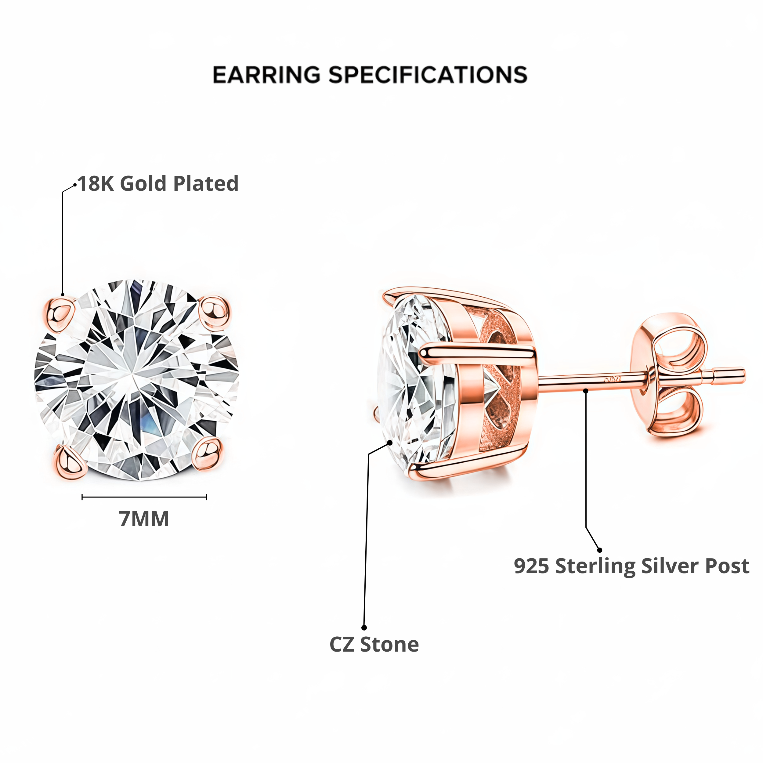 925 Sterling Silver Post Stud Earrings 18K Rose Gold Plated Clear CZ Round Solitaire (7mm)