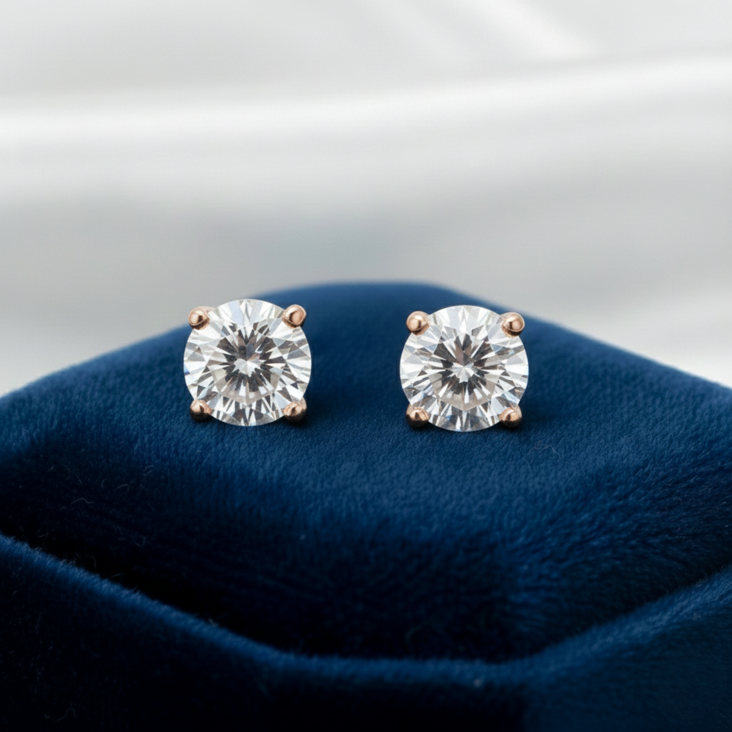 925 Sterling Silver Post Stud Earrings 18K Rose Gold Plated Clear CZ Round Solitaire (7mm)