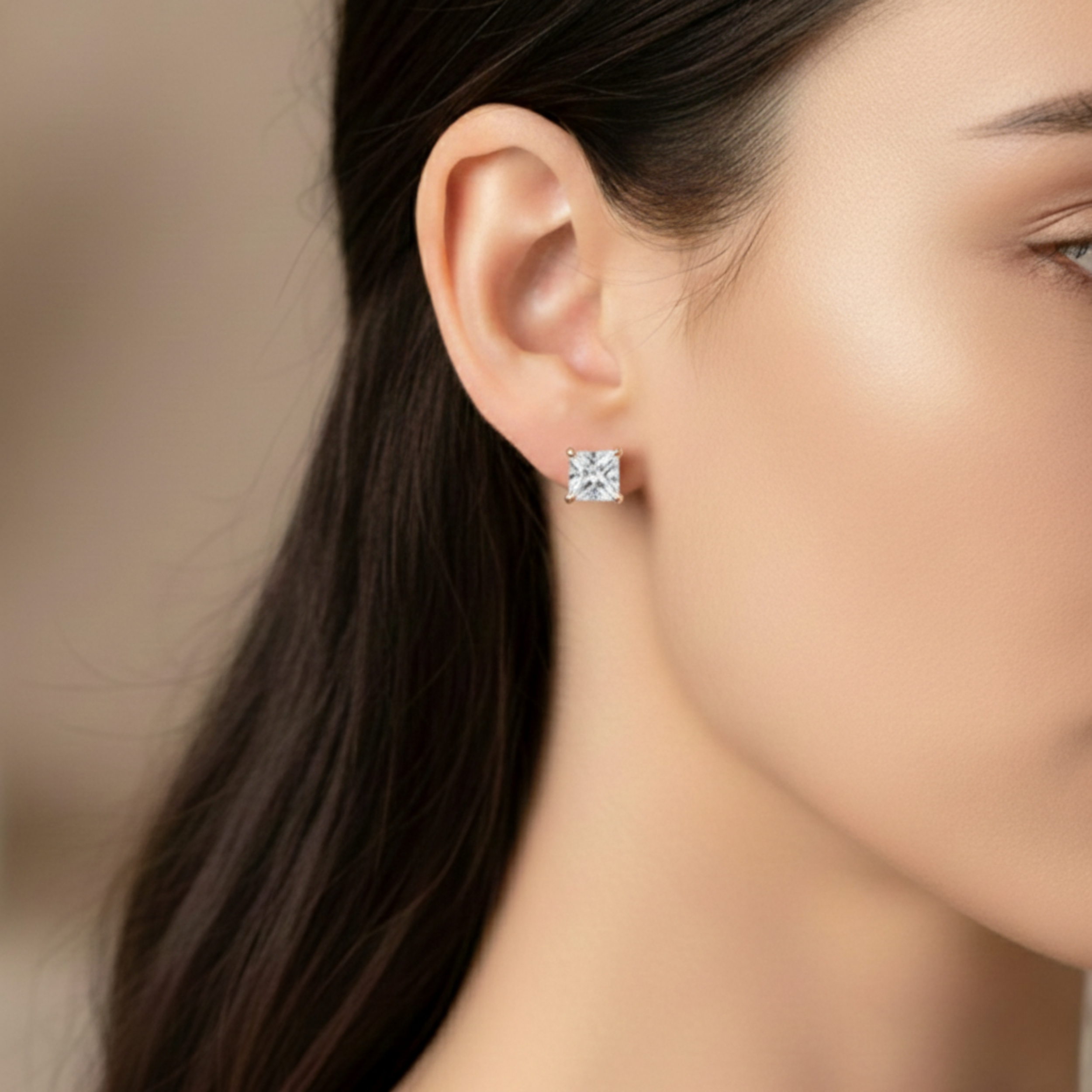 2 Pair Set 925 Sterling Silver Stud Earrings 18K Rose Gold Plated Clear CZ Round Halo & Princess Cut (8.5mm/7mm)