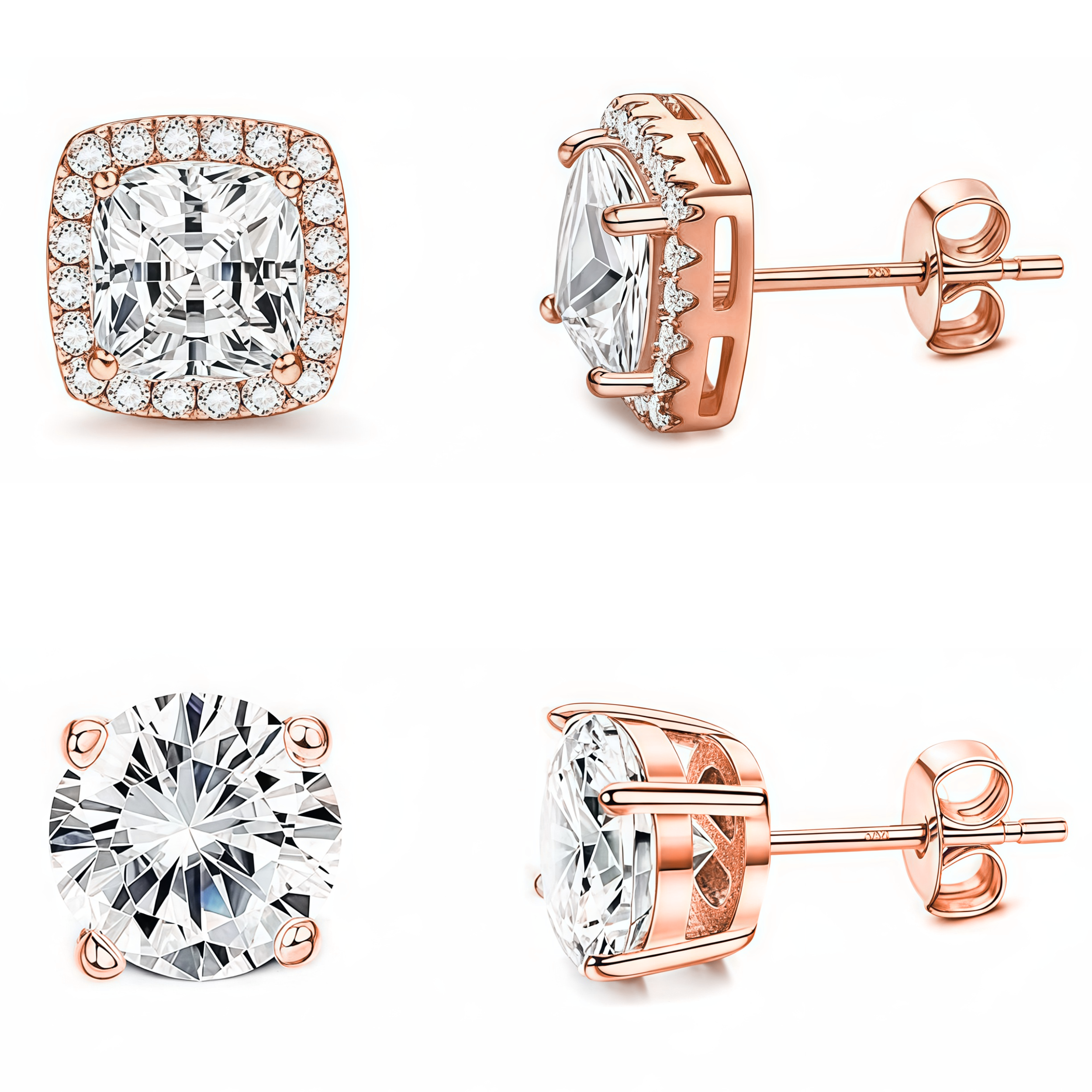 2 Pair Set 925 Sterling Silver Stud Earrings 18K Rose Gold Plated Clear CZ Round Solitaire & Square Halo (8mm/7mm)