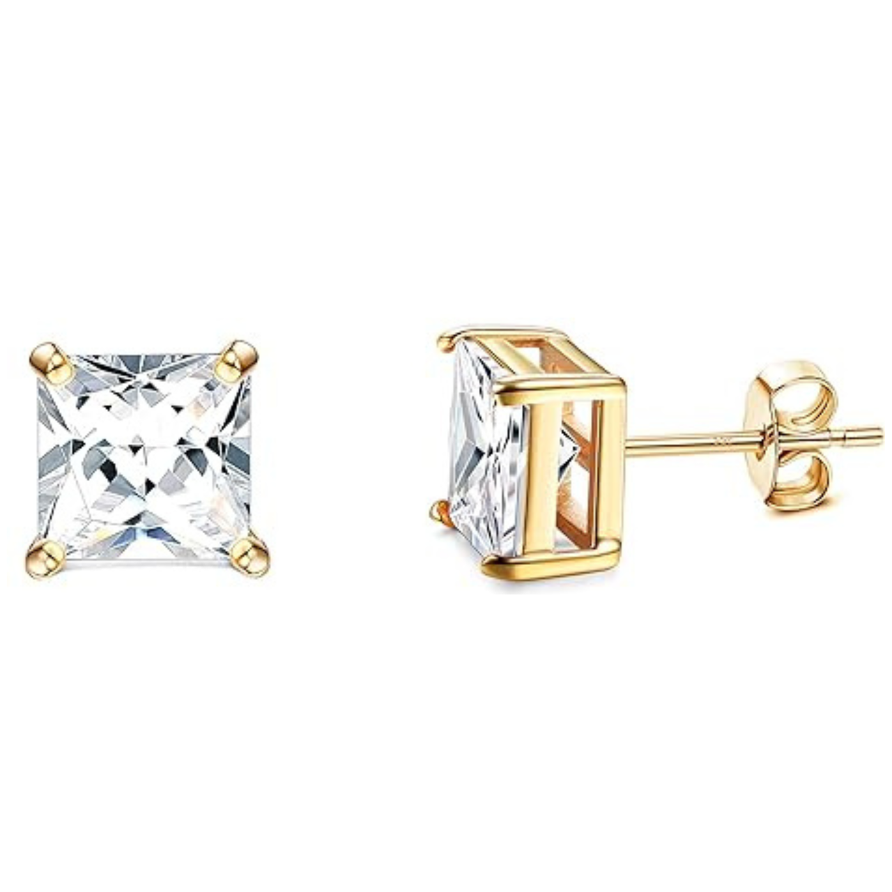 925 Sterling Silver Post Stud Earrings 18K Gold Plated Clear CZ Princess Cut (7mm)