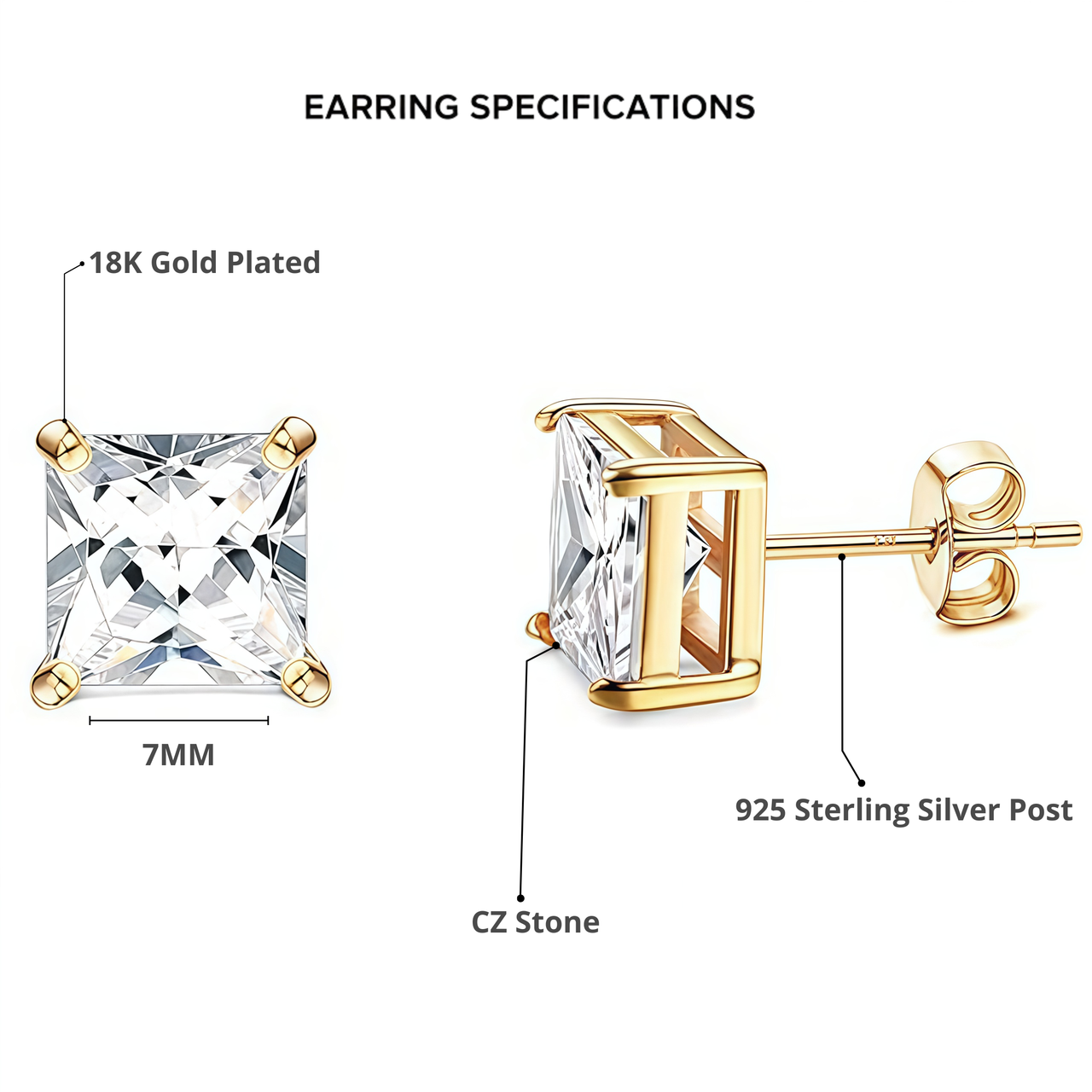 925 Sterling Silver Post Stud Earrings 18K Gold Plated Clear CZ Princess Cut (7mm)