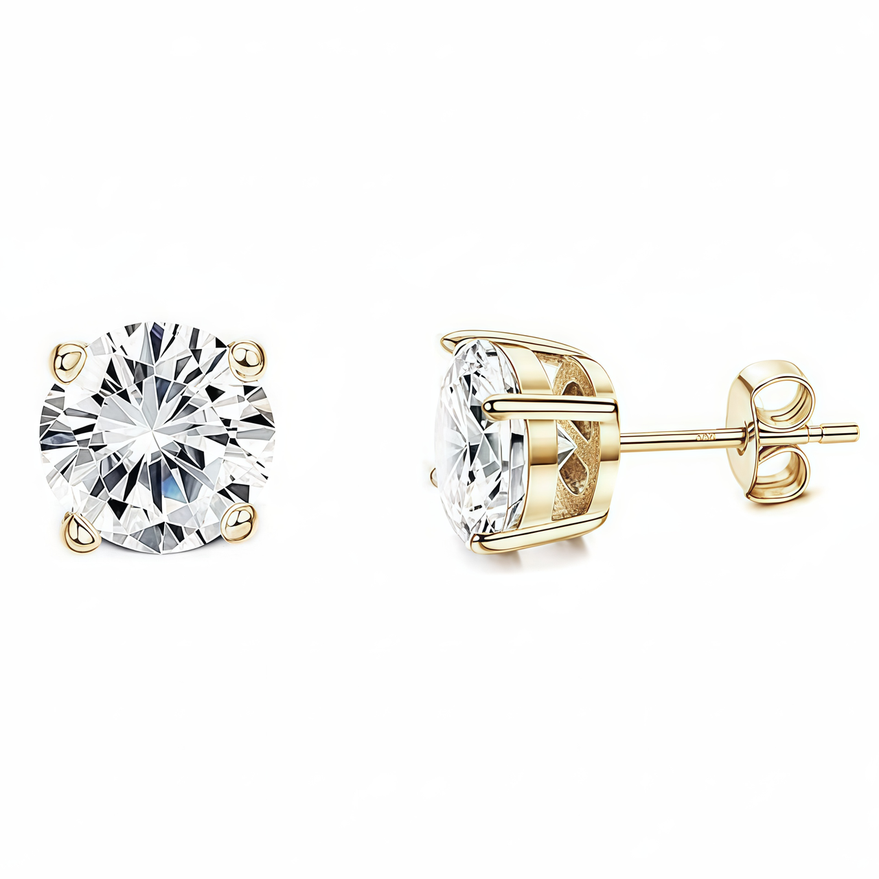 925 Sterling Silver Post Stud Earrings 18K Gold Plated Clear CZ Round Solitaire (7mm)