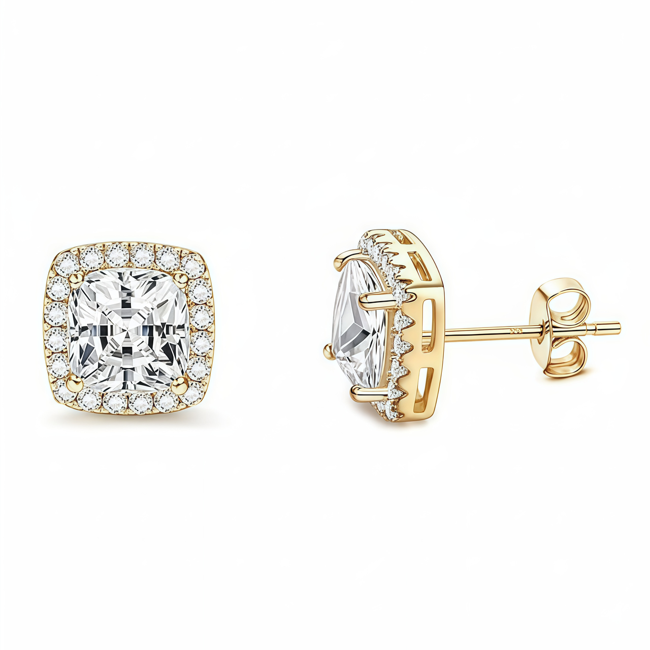925 Sterling Silver Post Stud Earrings 18K Gold Plated Clear CZ Square Halo Cut (8mm)