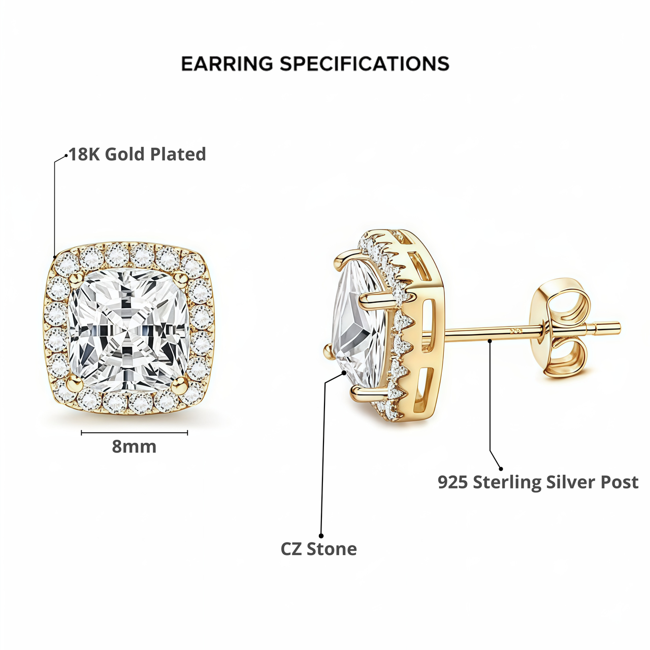 925 Sterling Silver Post Stud Earrings 18K Gold Plated Clear CZ Square Halo Cut (8mm)