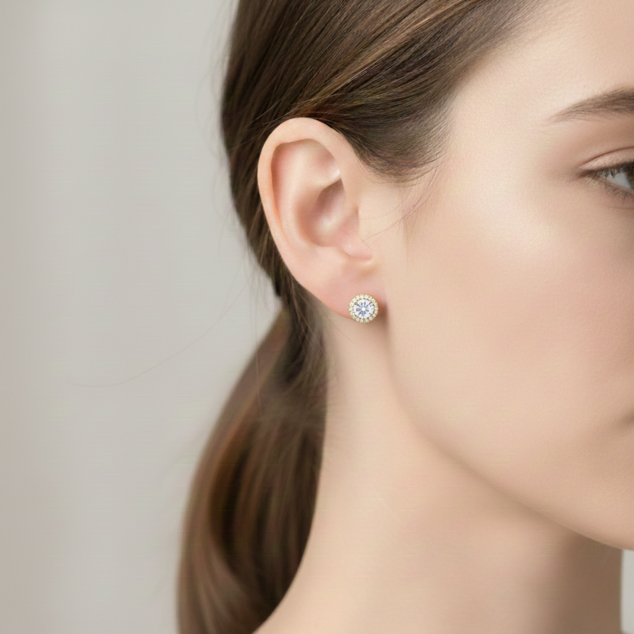 925 Sterling Silver Post Stud Earrings 18K Gold Plated Clear CZ Round Halo Cut (8.5mm)