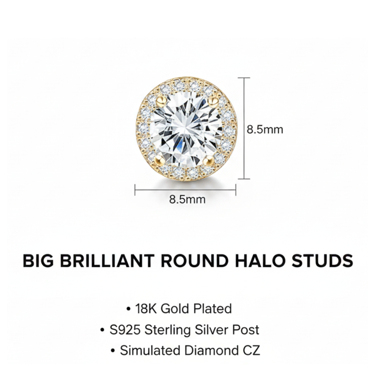 925 Sterling Silver Post Stud Earrings 18K Gold Plated Clear CZ Round Halo Cut (8.5mm)
