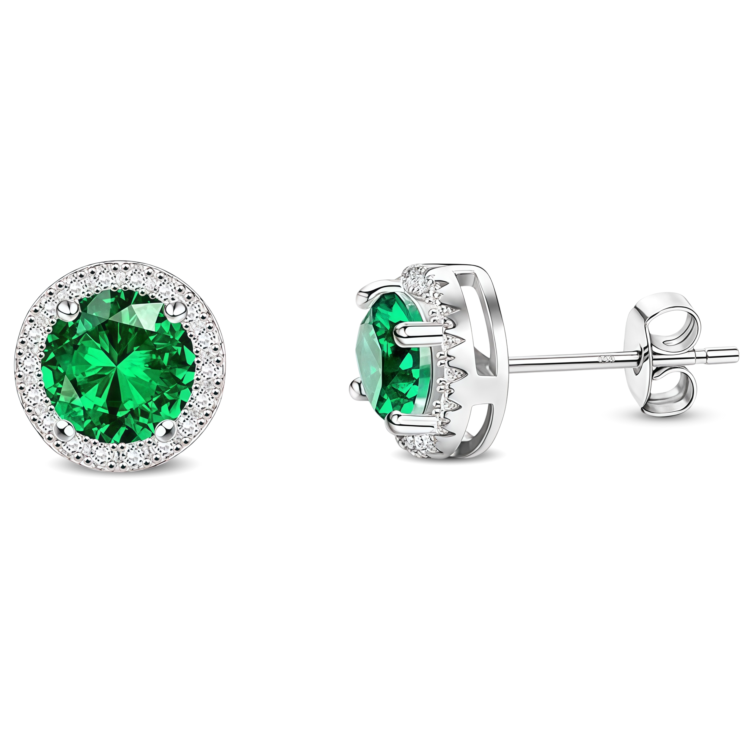 925 Sterling Silver Post Stud Earrings 18K White Gold Plated Emerald CZ Round Cut Halo (8.5mm)