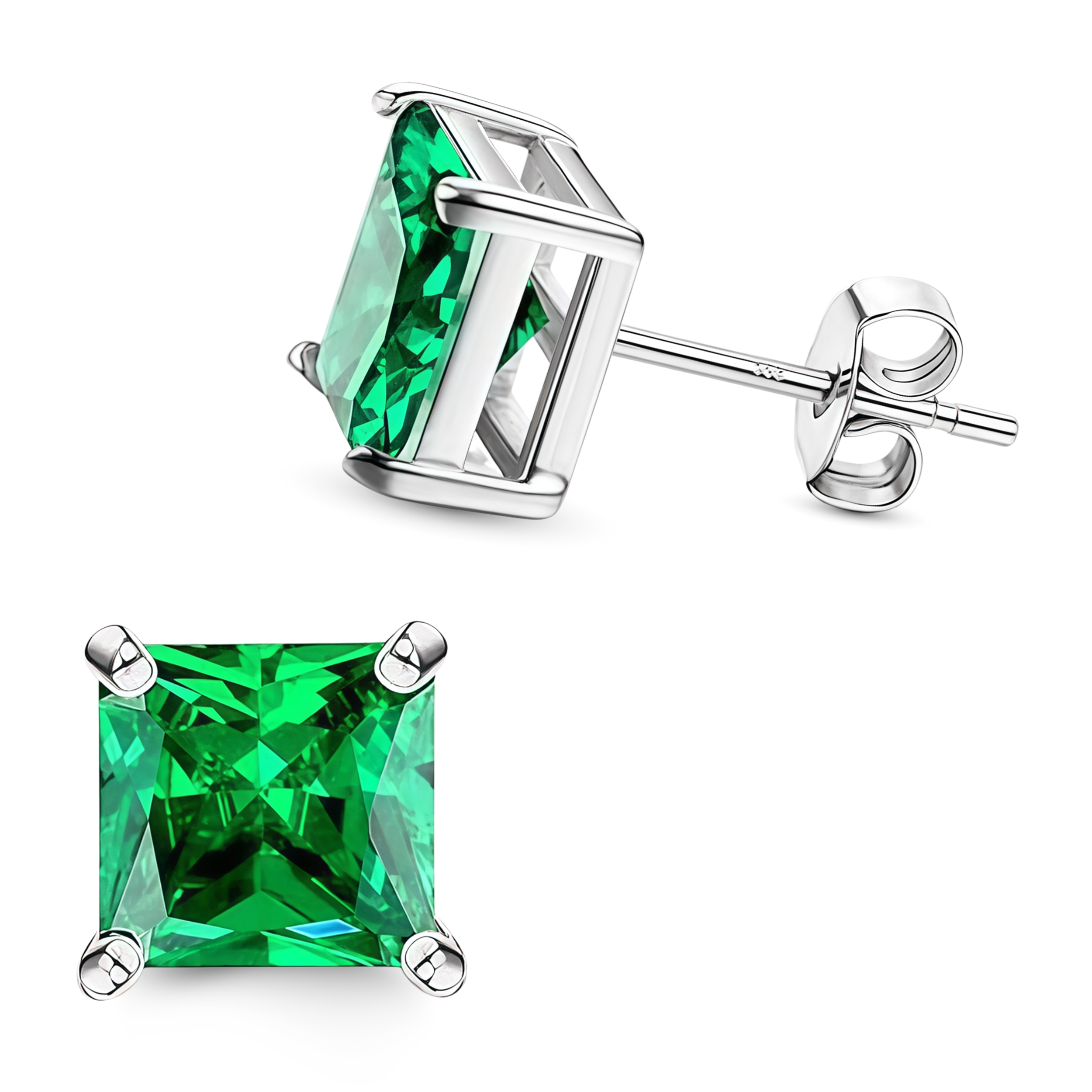 925 Sterling Silver Post Stud Earrings 18K White Gold Plated Emerald CZ Princess Cut (8mm)