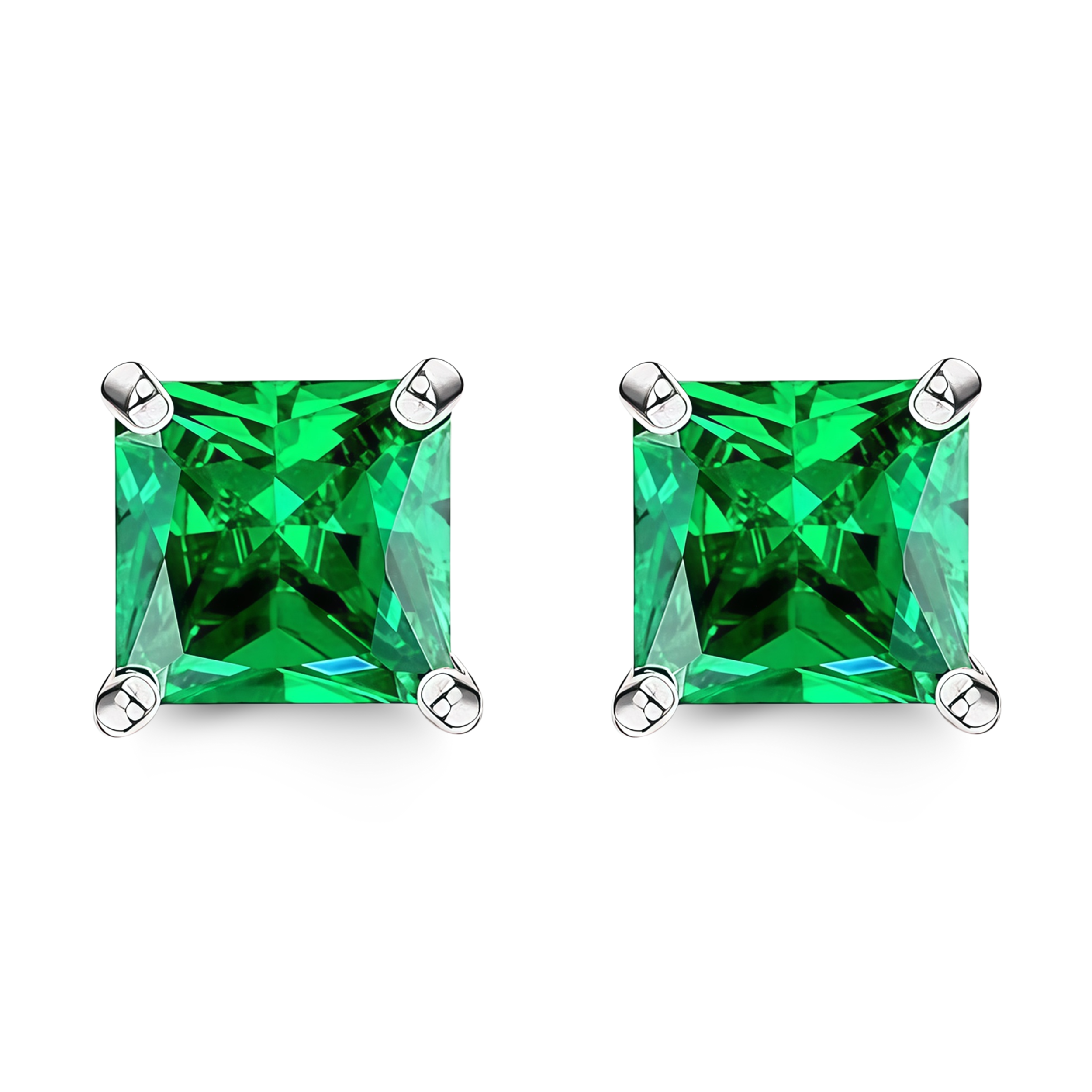 925 Sterling Silver Post Stud Earrings 18K White Gold Plated Emerald CZ Princess Cut (8mm)