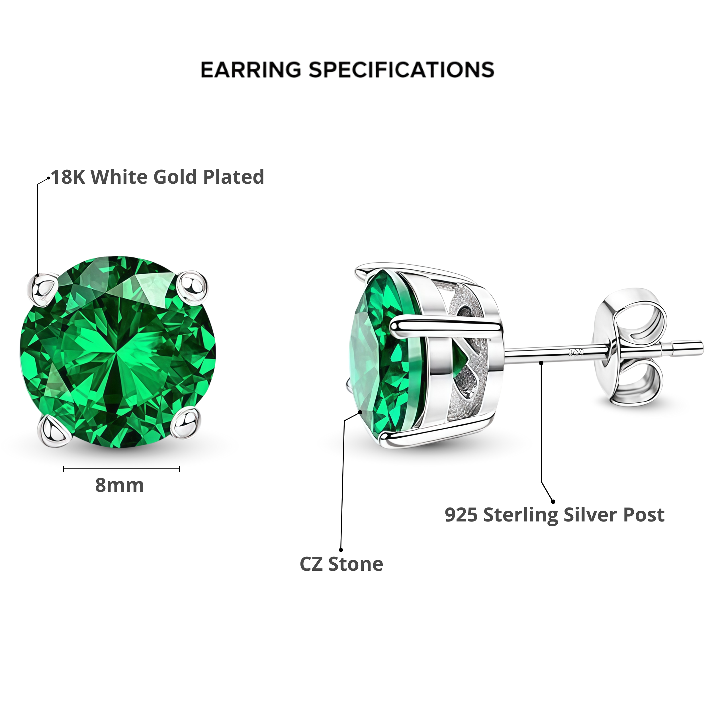 925 Sterling Silver Post Stud Earrings 18K White Gold Plated Emerald CZ Round Cut (8mm)