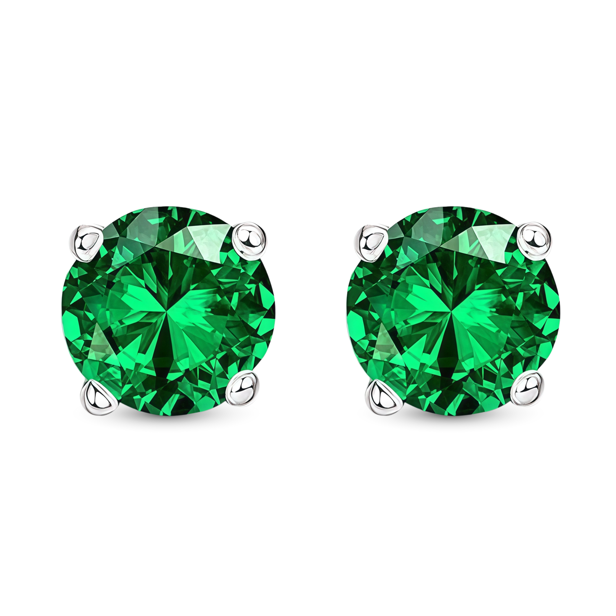 925 Sterling Silver Post Stud Earrings 18K White Gold Plated Emerald CZ Round Cut (8mm)