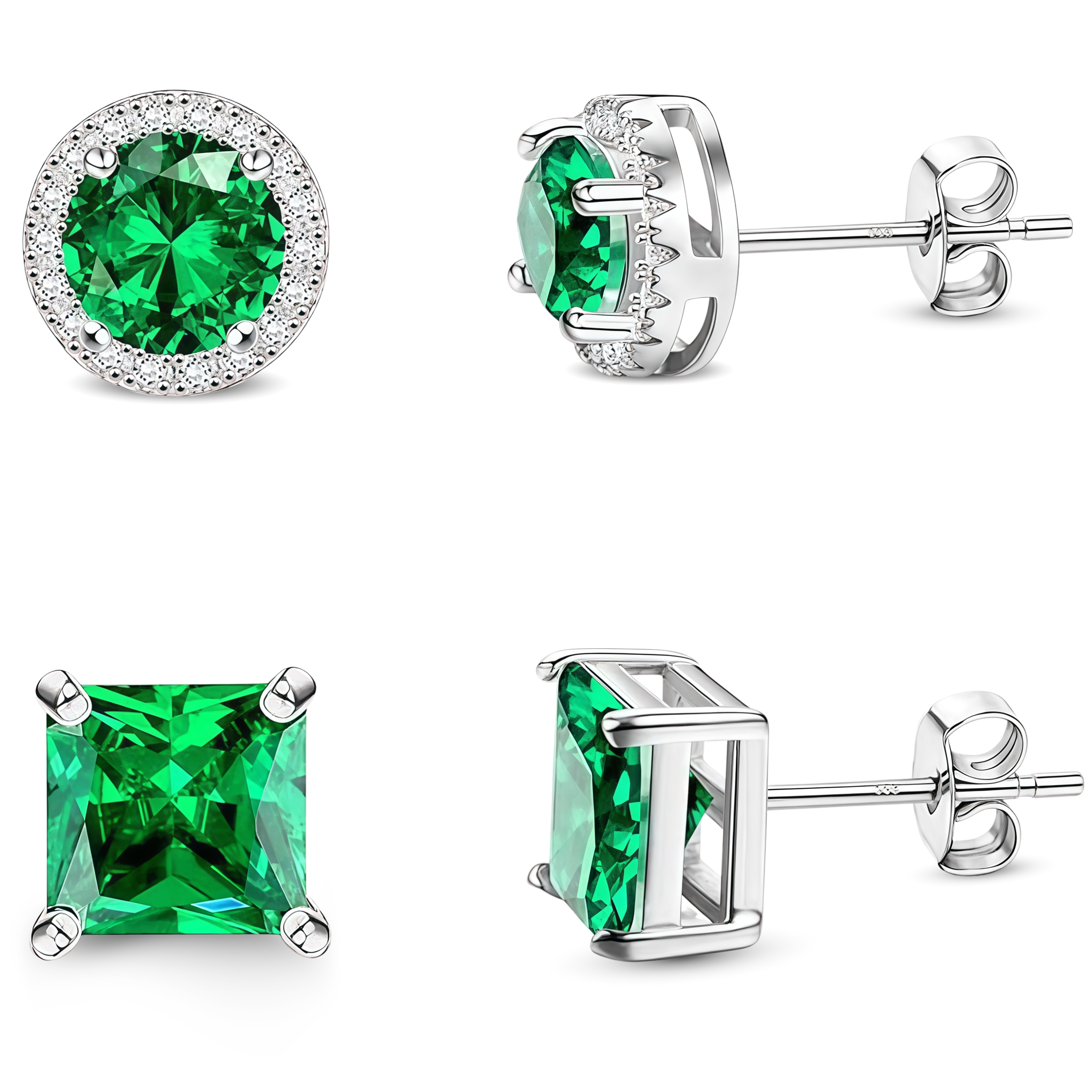 2 Pair Set - 925 Sterling Silver Post  Stud Earrings 18K White Gold Plated Emerald CZ Round Halo & Princess Cut (8.5mm/8mm)