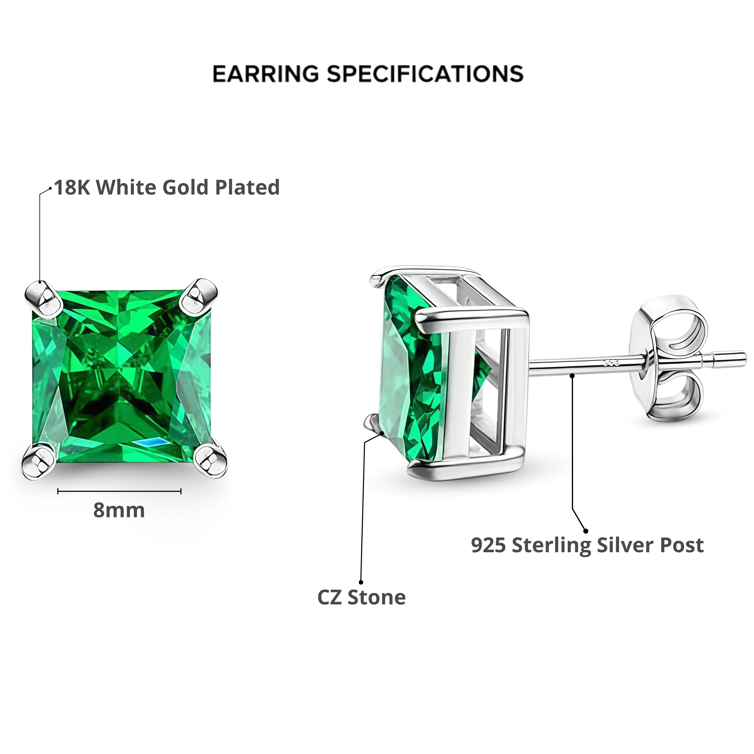 2 Pair Set - 925 Sterling Silver Post  Stud Earrings 18K White Gold Plated Emerald CZ Round Halo & Princess Cut (8.5mm/8mm)