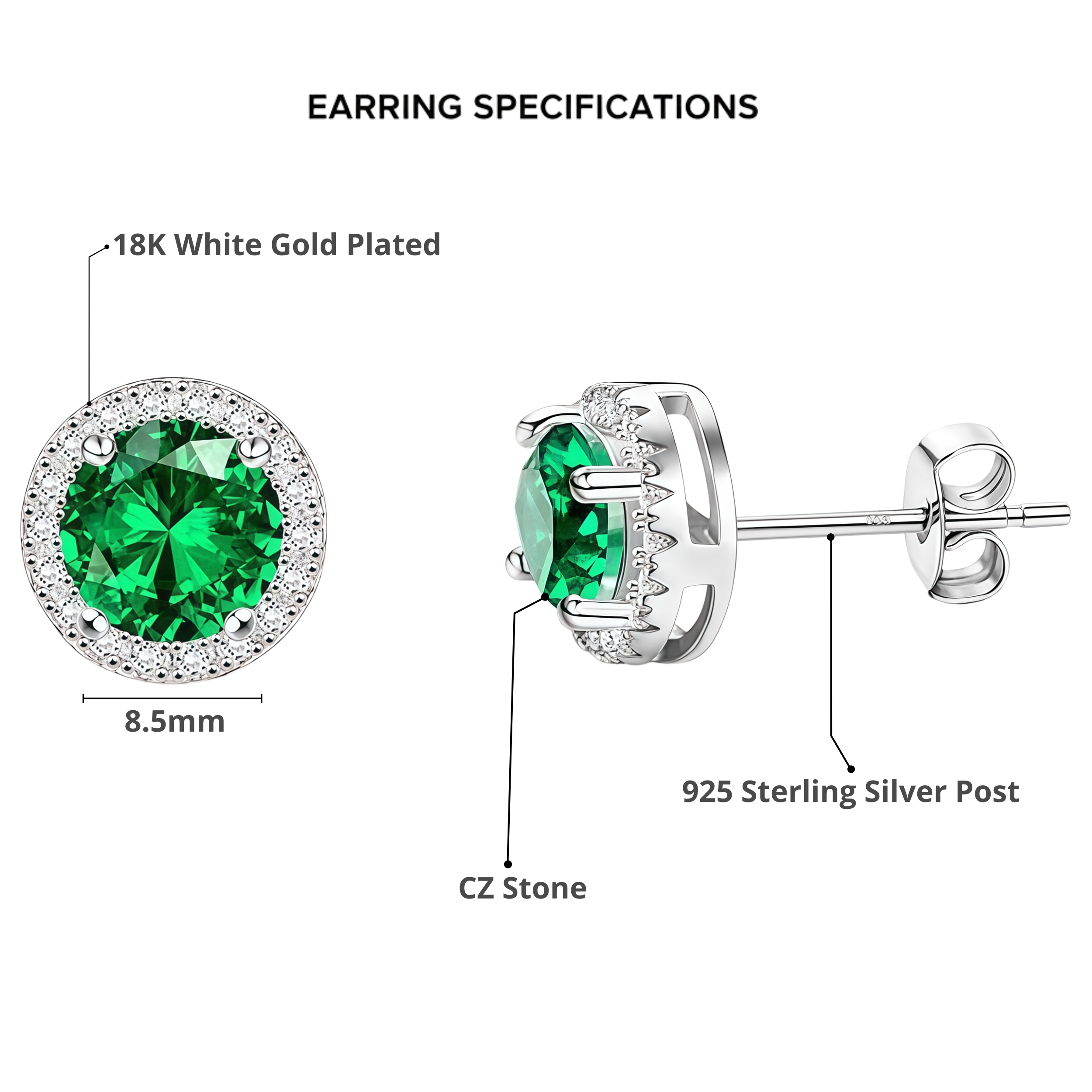 2 Pair Set - 925 Sterling Silver Post  Stud Earrings 18K White Gold Plated Emerald CZ Round Halo & Princess Cut (8.5mm/8mm)