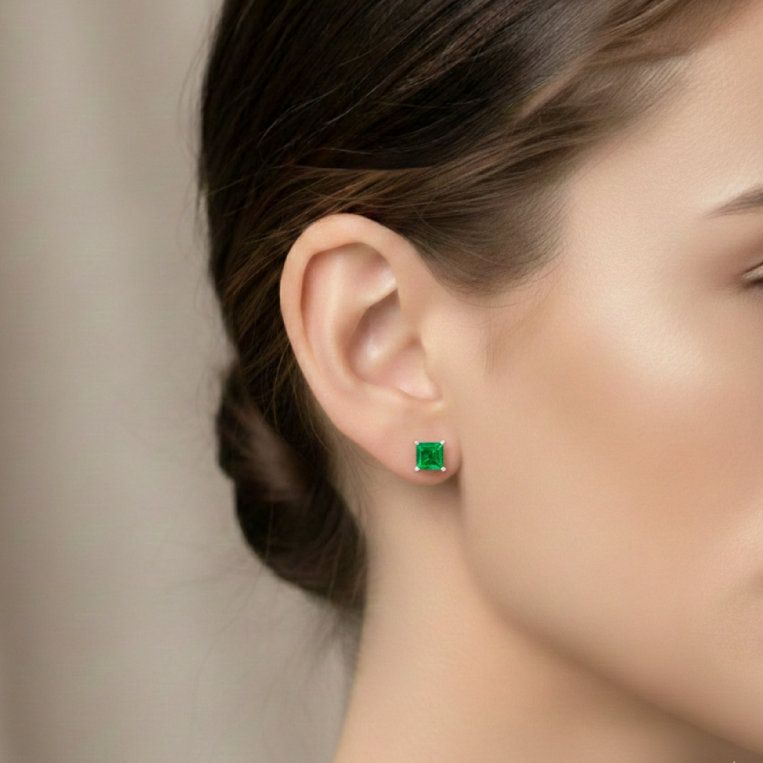 2 Pair Set - 925 Sterling Silver Post  Stud Earrings 18K White Gold Plated Emerald CZ Round Halo & Princess Cut (8.5mm/8mm)