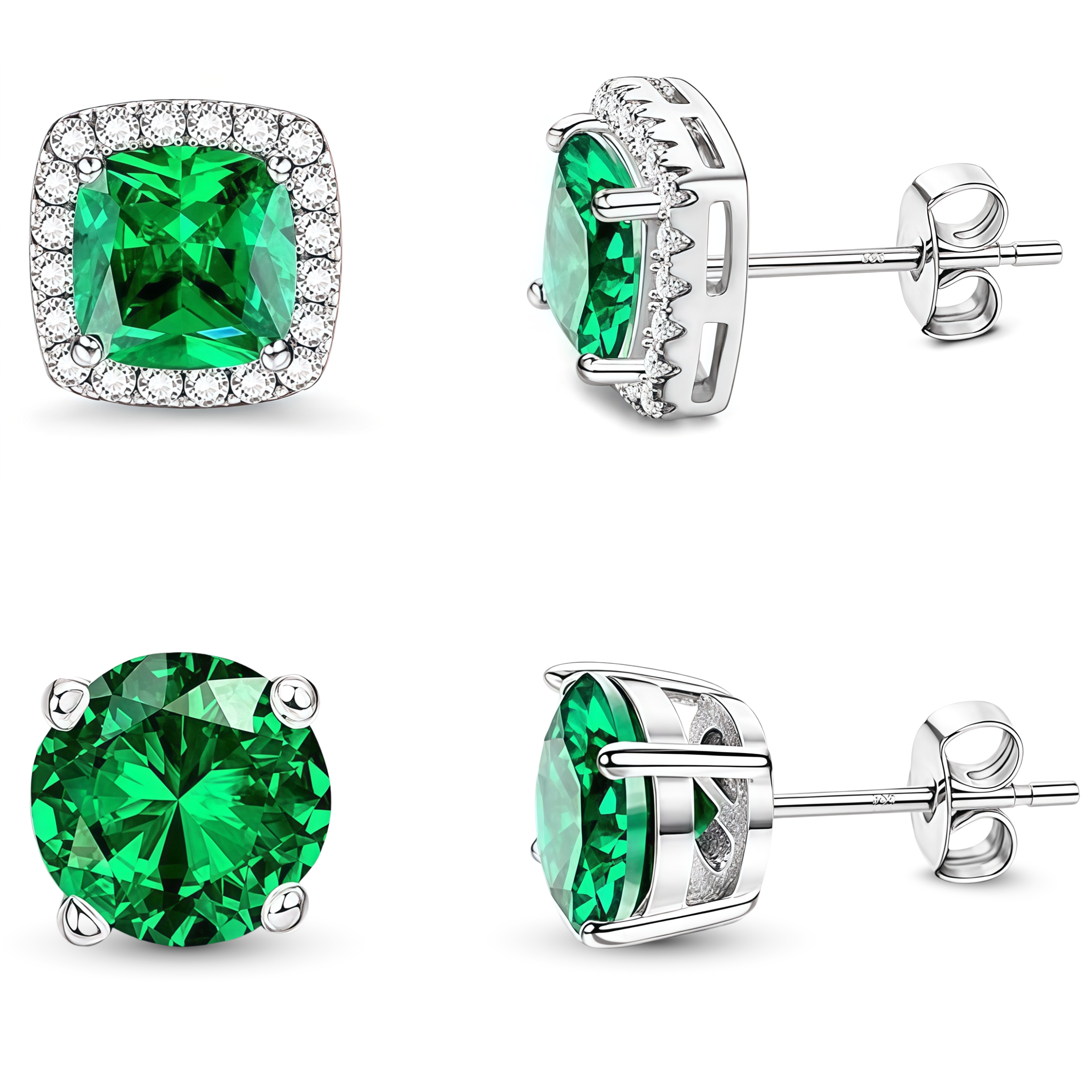 2 Pair Set - 925 Sterling Silver Post Stud Earrings 18K White Gold Plated Emerald CZ Round Solitaire & Square Halo (10mm/8mm)